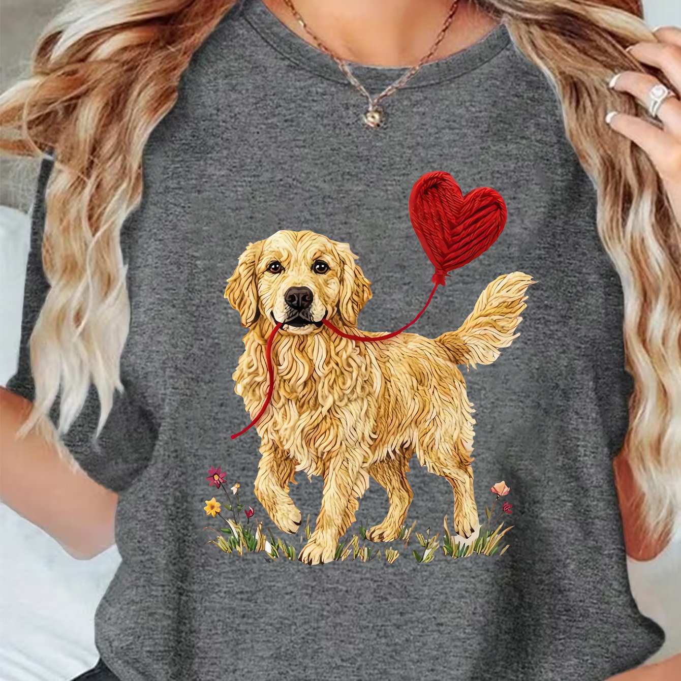 TEMU Women's Golden Retriever T-shirt - Golden Retriever Print Round Neck Short Sleeve Blouse-compatible Suitable For , Stretchy Machine Washable