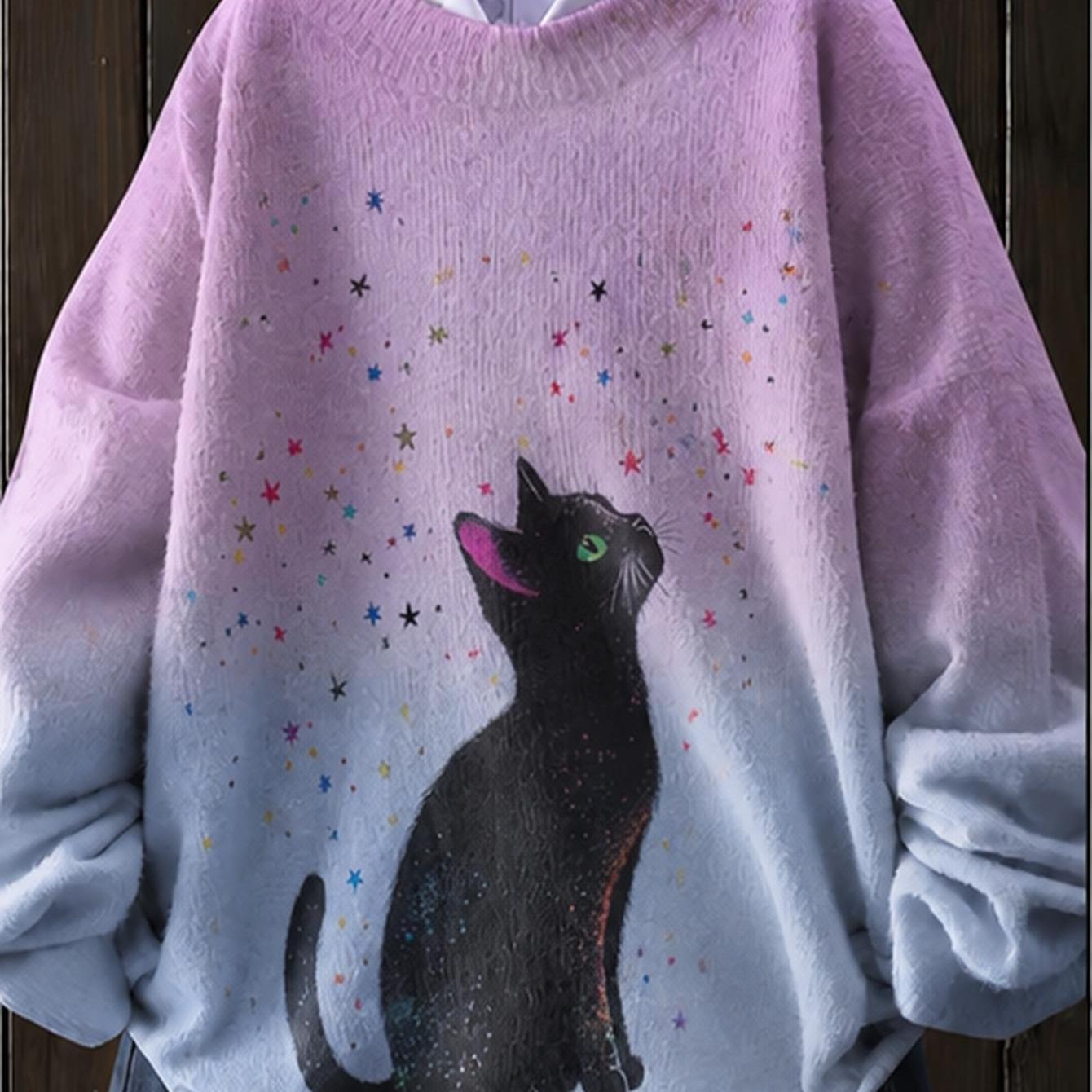 Image of Plus Size Women's Full-body Pullover Black Cat And Stars Print Cozy Sweater For Women Round Neck Long Sleeve Fashion Casual Women's Sweater, Oversized For Spring And Autumn, With Stretch