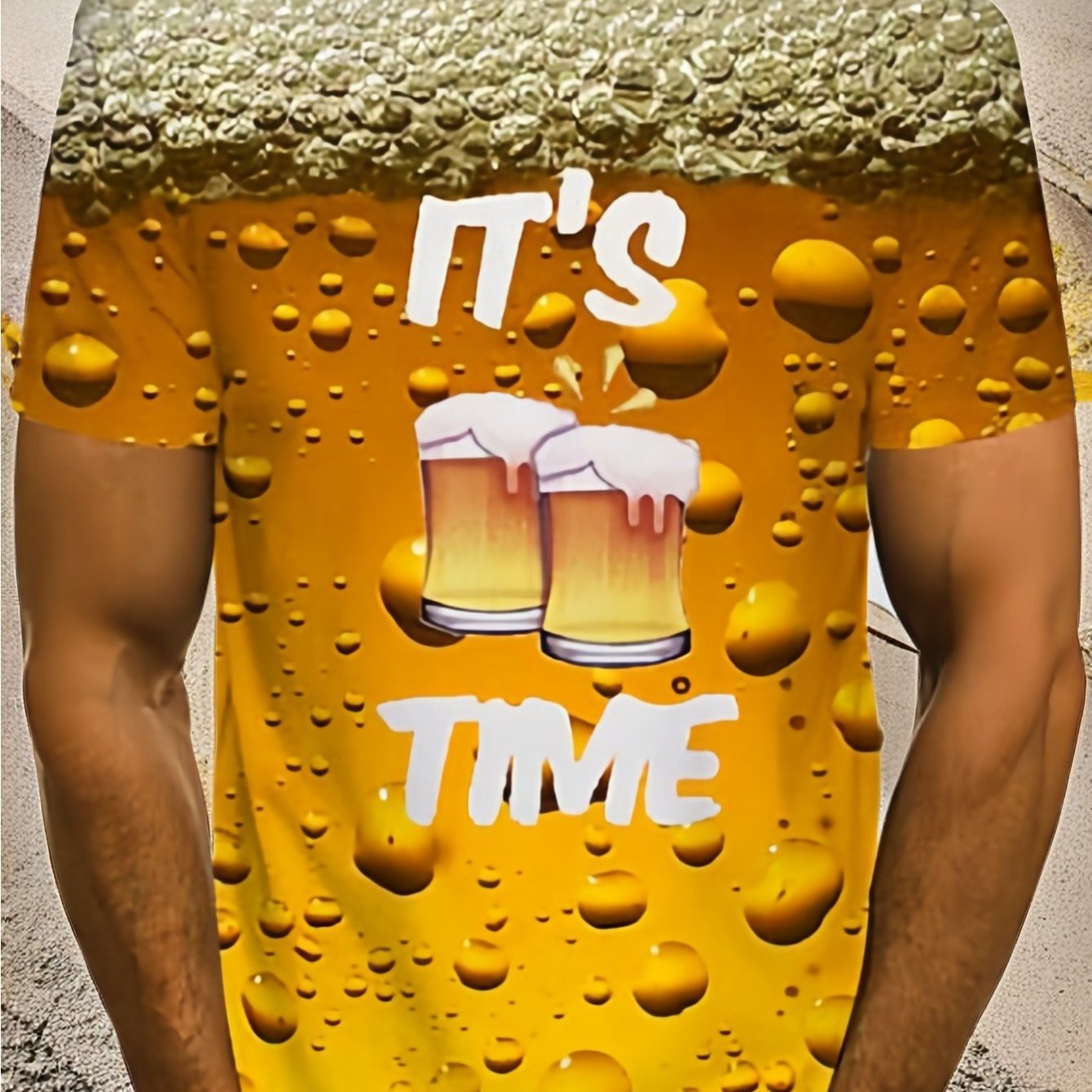 TEMU Men's 3d Beer Mug Print T-shirt - " Beer Time" Graphic, Casual Crew Neck Short Sleeve, Lightweight And Breathable Polyester Fiber, Perfect For