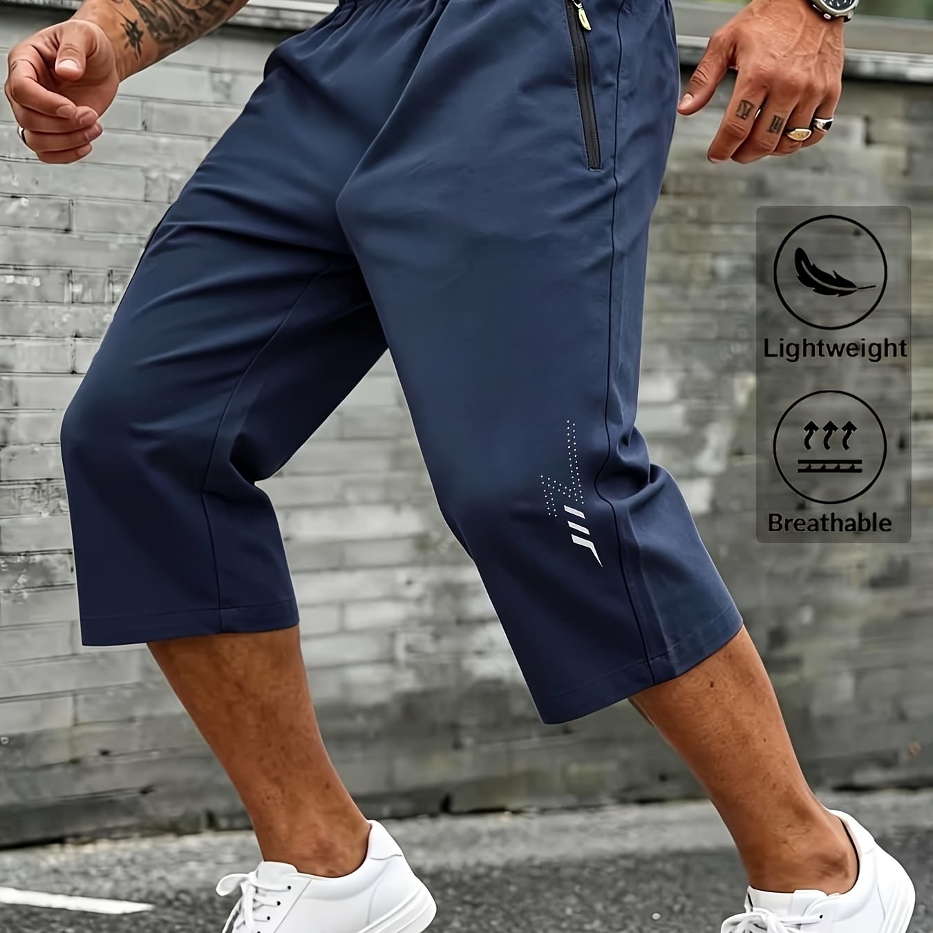 TEMU Men's Capri Pants, Fashionable Elastic Waist With Drawstring, Zippered Pockets, Suitable For Summer Casual Sports Outdoor And Daily Wear