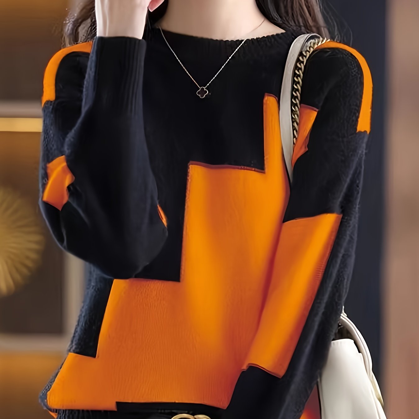 Plus Size - Plus Size - Color-block Round Neck Sweater, Fall Winter Casual Long Sleeve Pullover, Women's Clothing