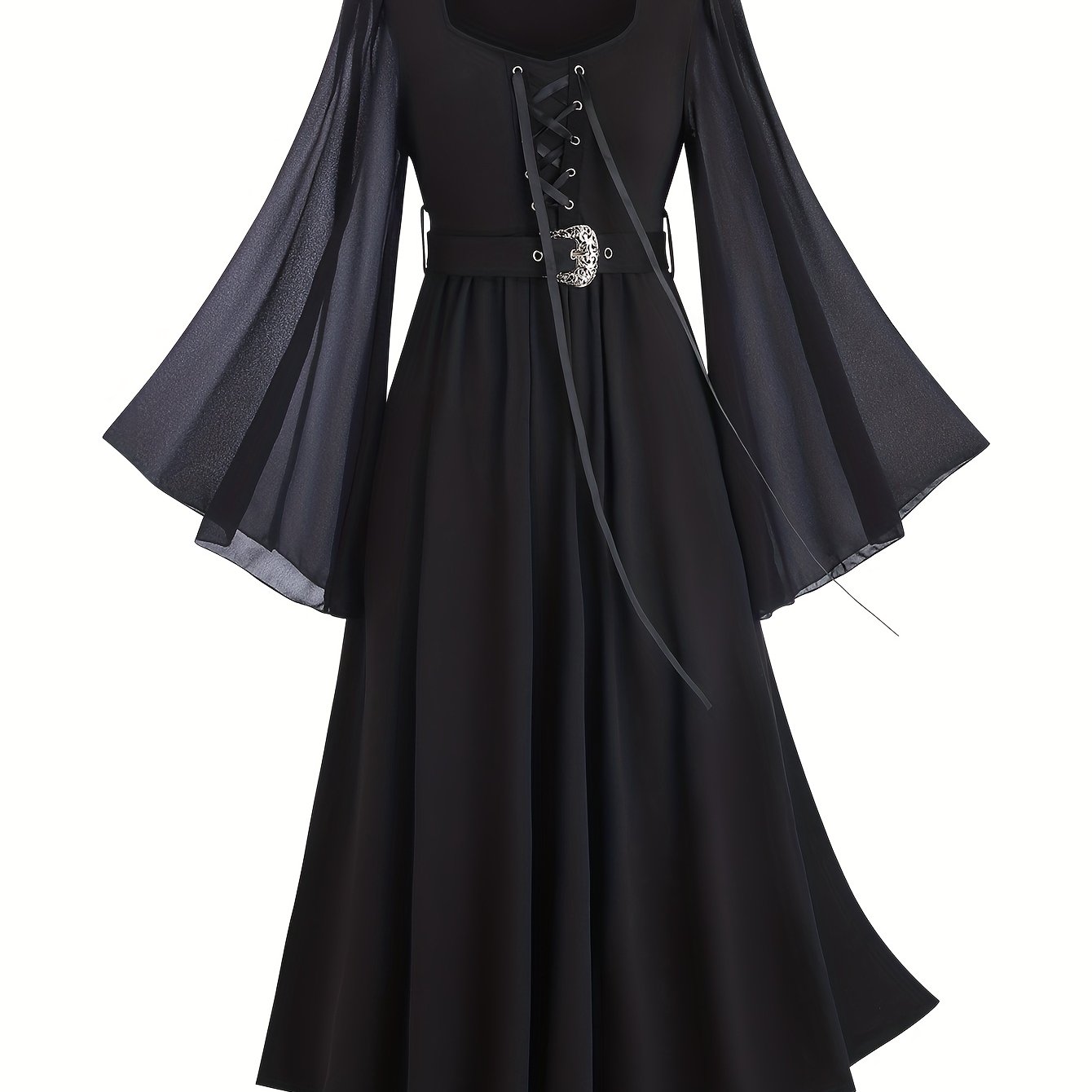 Image of Elegant Dress For Women With Solid Color, Belt Decoration, Flared Sleeves, Tie Straps, And Square Neckline For Spring And Summer