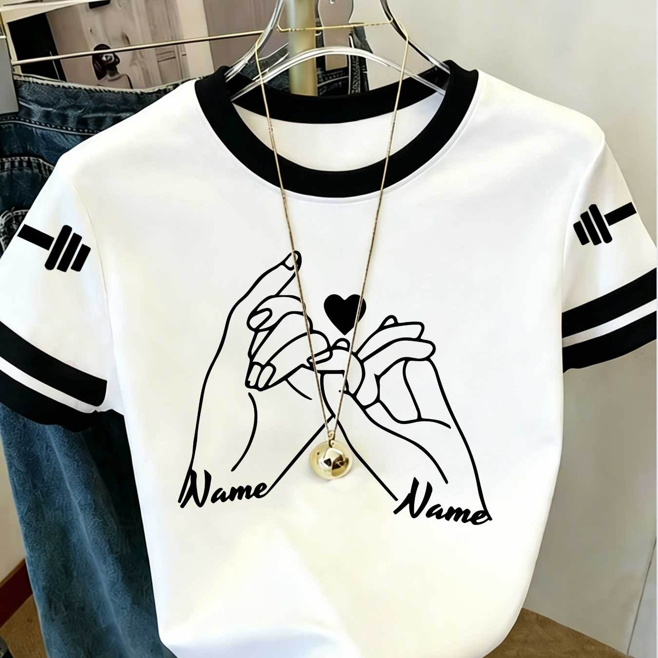 TEMU Women's Hand-drawn Couple T-shirt - Matching Suitable For, Colorblock Sleeve & Heart Print Top, Breathable Loose Fit Crew Neck Short Sleeve