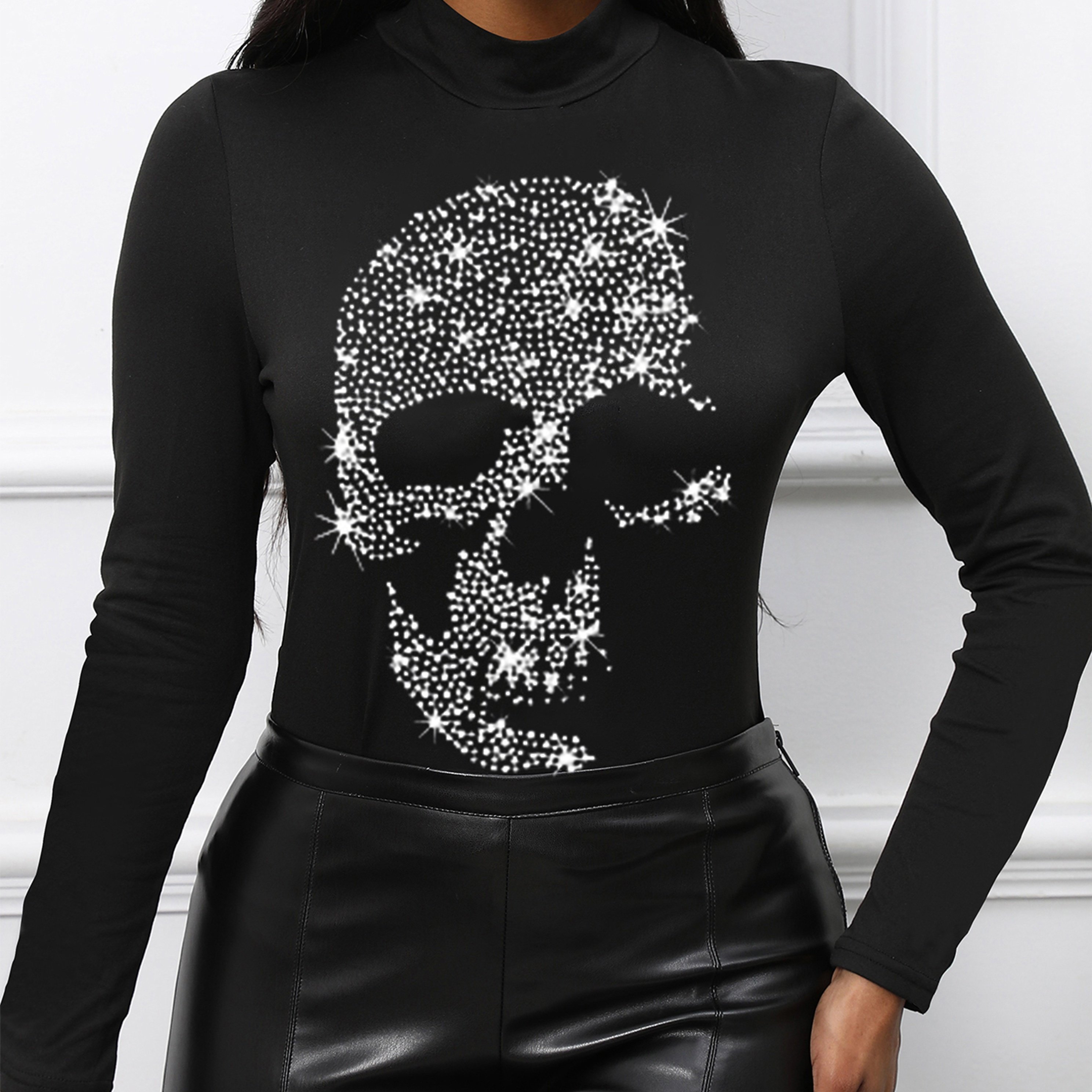 Image of New Autumn Women's T-shirt Featuring A Casual Long-sleeve Design With A Stylish Skull And Rhinestone Embellishments
