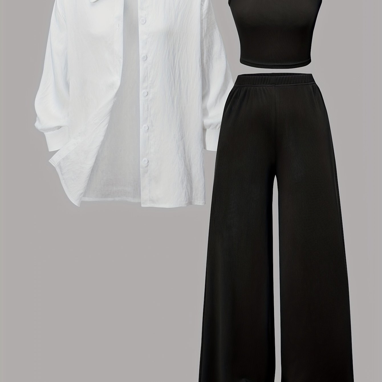 Image of 3pcs Set For Older Girls: Casual Outing, Daily Wear, Vacation - Lapel Long-sleeve Shirt + Oversized Round Neck Tank Top + Wide-leg Pants - And Comfortable 3pcs Set For Older Girls, Perfect For Outdoor
