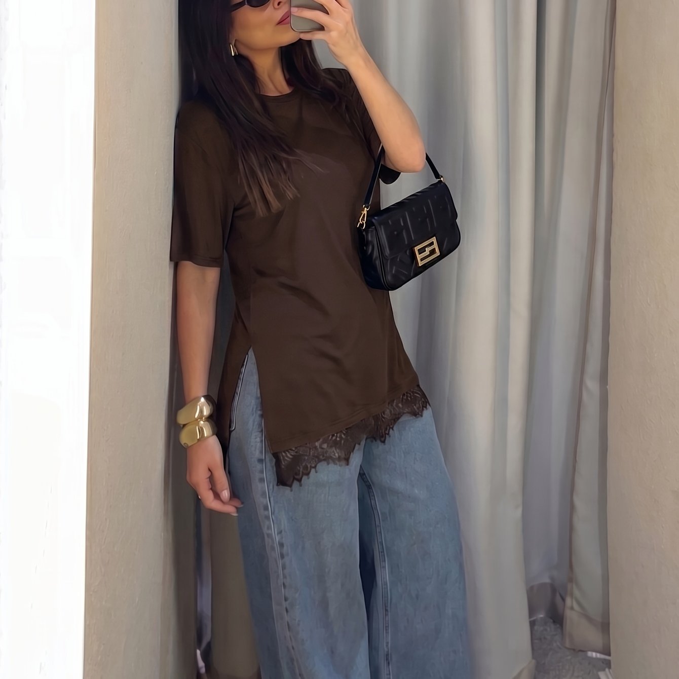 TEMU Summer, Women's Lace Hem T-shirt, Casual Round Neck Short Sleeve Loose Side Slit Street Style