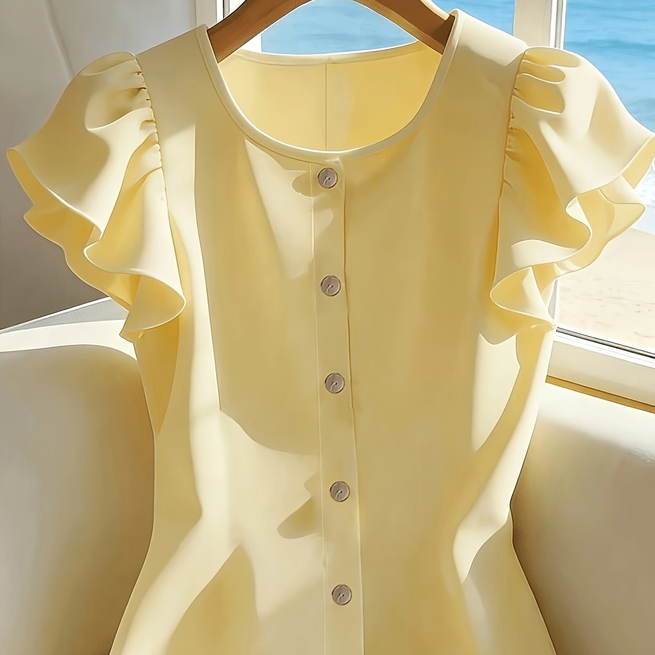 TEMU Summer New Solid Sleeve Round Neck Shirt, Summer Fashion Versatile French Button-decorated Top, Summer Fashion Elegant Shirt
