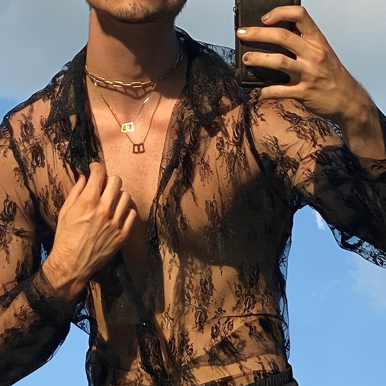 Men's Slim-fit Fashionable Long-sleeve Sheer Lace Shirt, Sexy Base Layer Top