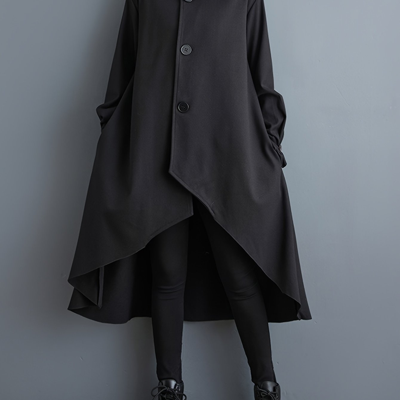 Image of Dark Style Japanese Stand Collar Fashion Irregular Design Black Mid-length Coat Loose Trench Coat