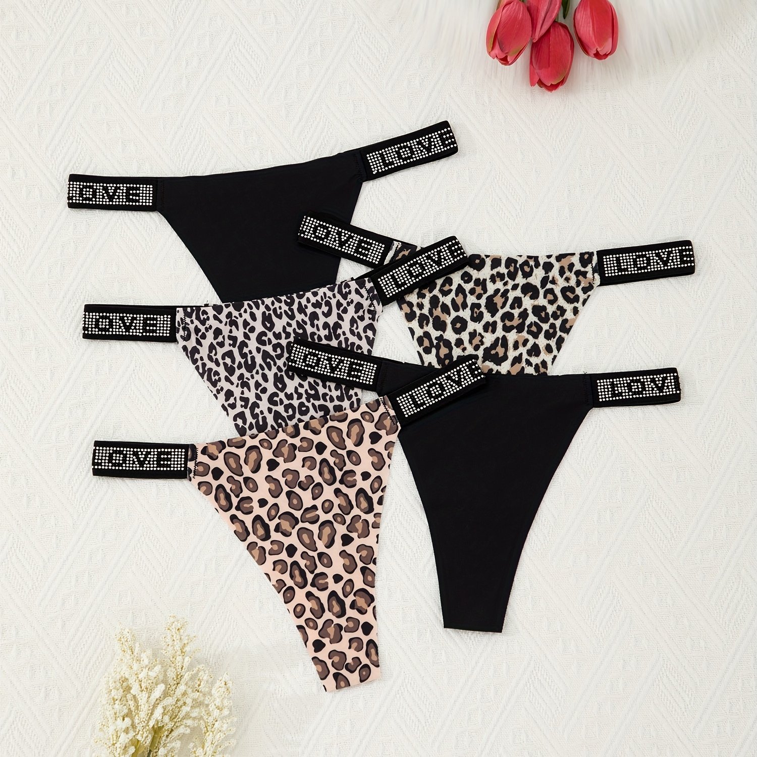 TEMU 5pcs Sexy Leopard Print Solid Color Seamless Women's Panties, Soft, Comfortable, Breathable, Quick-drying Underwear