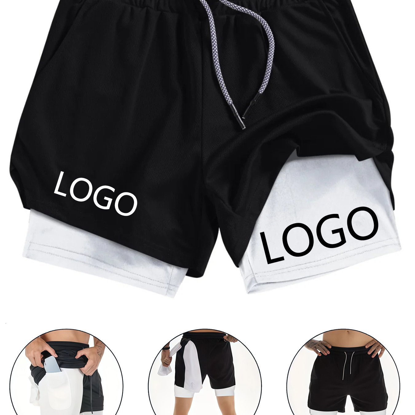 TEMU Men's Customizable Double Layer Athletic Shorts - Polyester With Personalized Photo/design Area, Slim Fit Multi-pocket For Fitness, Running,