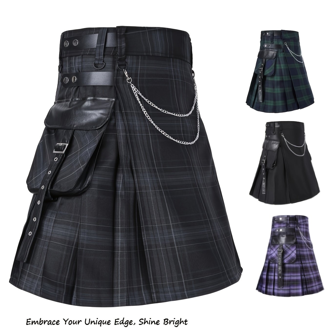 New Scottish Pleated Skirt, Classic Traditional Checkered Gray, Green, Purple, Skirt (men's Kilt//utility Kilt) New Pleated Skirt, Ethnic Style, Traditional Holiday, Casual, Outing, Party