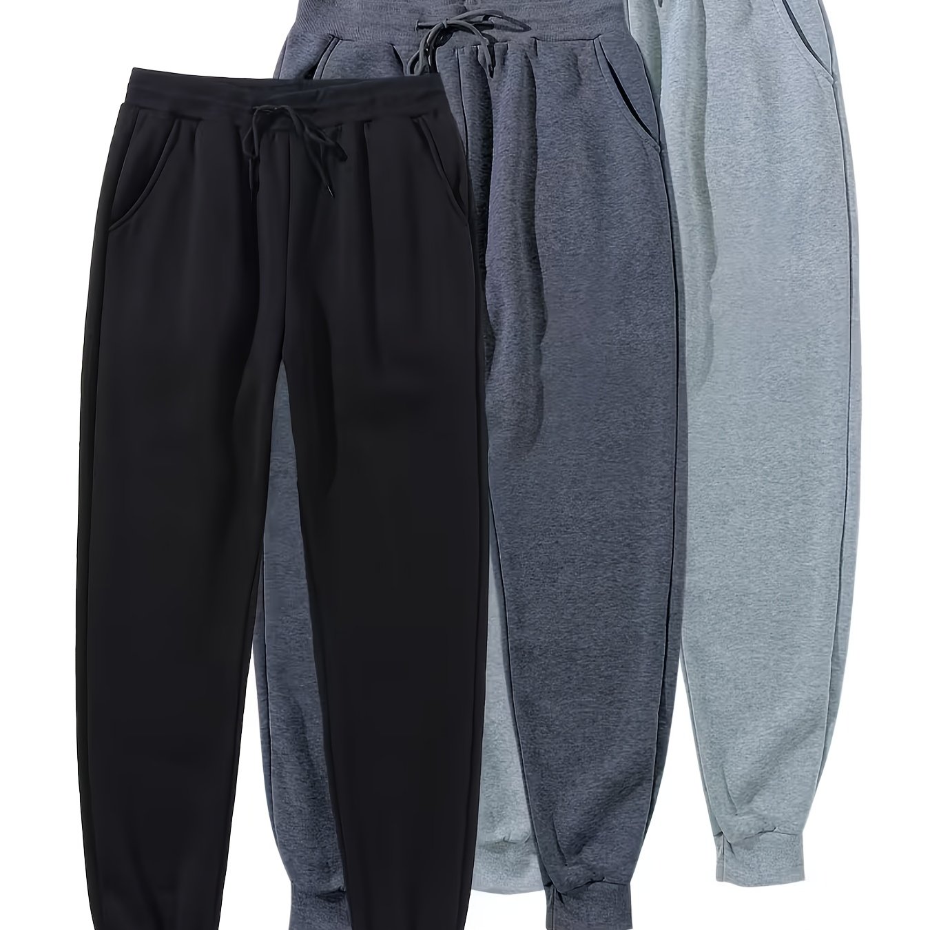 TEMU 3pcs Set Men' Color Fleece-lined Sweatpants 3pcs Set Autumn Winter Warm Trousers 3pcs Set Casual Athletic Long Pants Adjustable Drawstring Pants