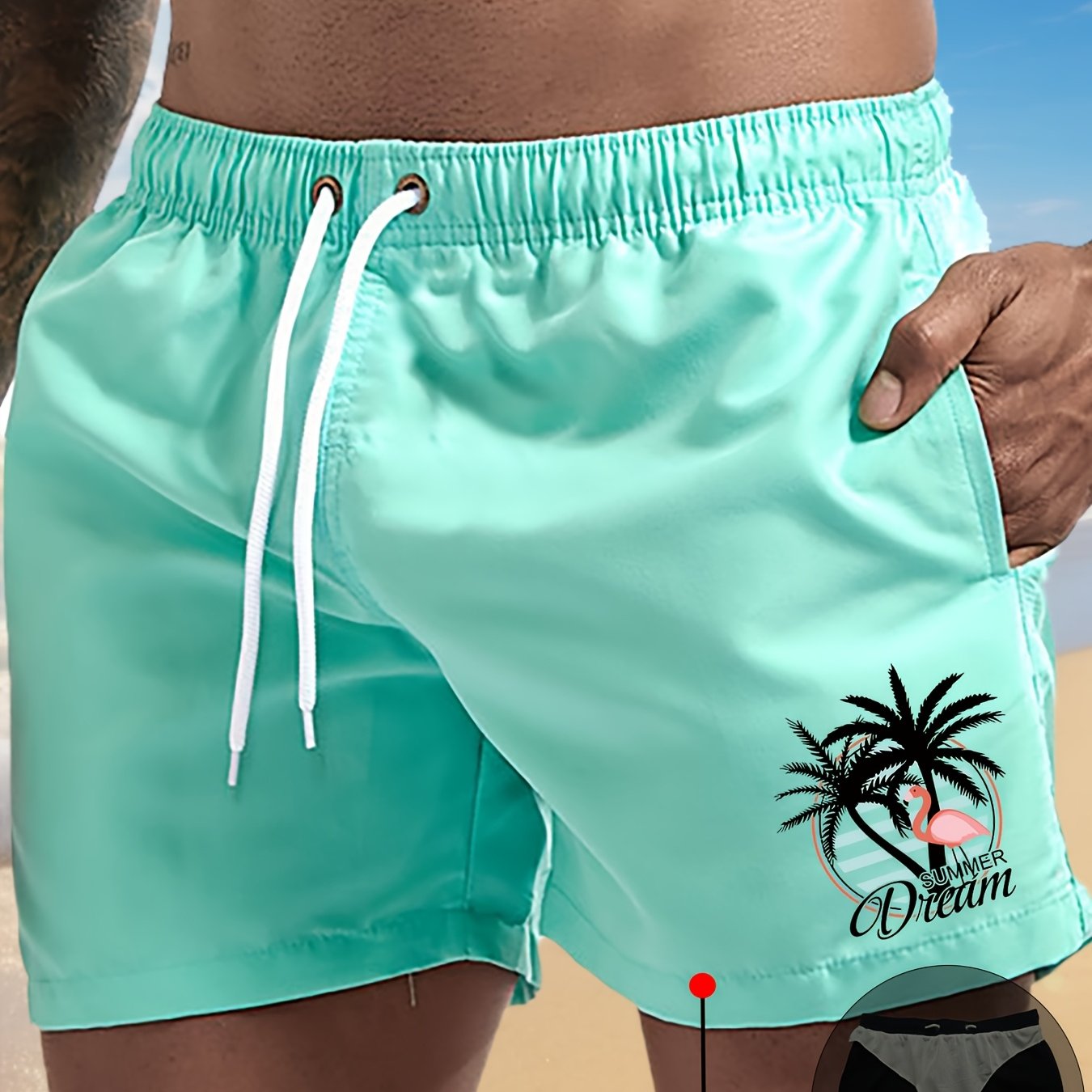 E-shop Herren Badehose mit Flamingo-Print - Schwimmbekleidung, elastischer Kordelzug - Leichte Strandshorts, geeignet für Surfen, Schwimmen, Fitness,