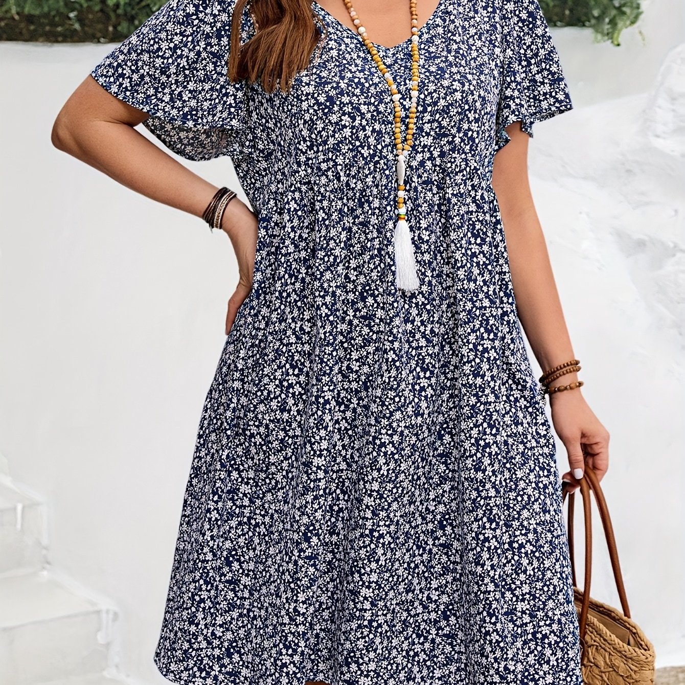 TEMU Plus Size - Plus Size - Plus Size Women's Summer Floral Sleeve Holiday Dress
