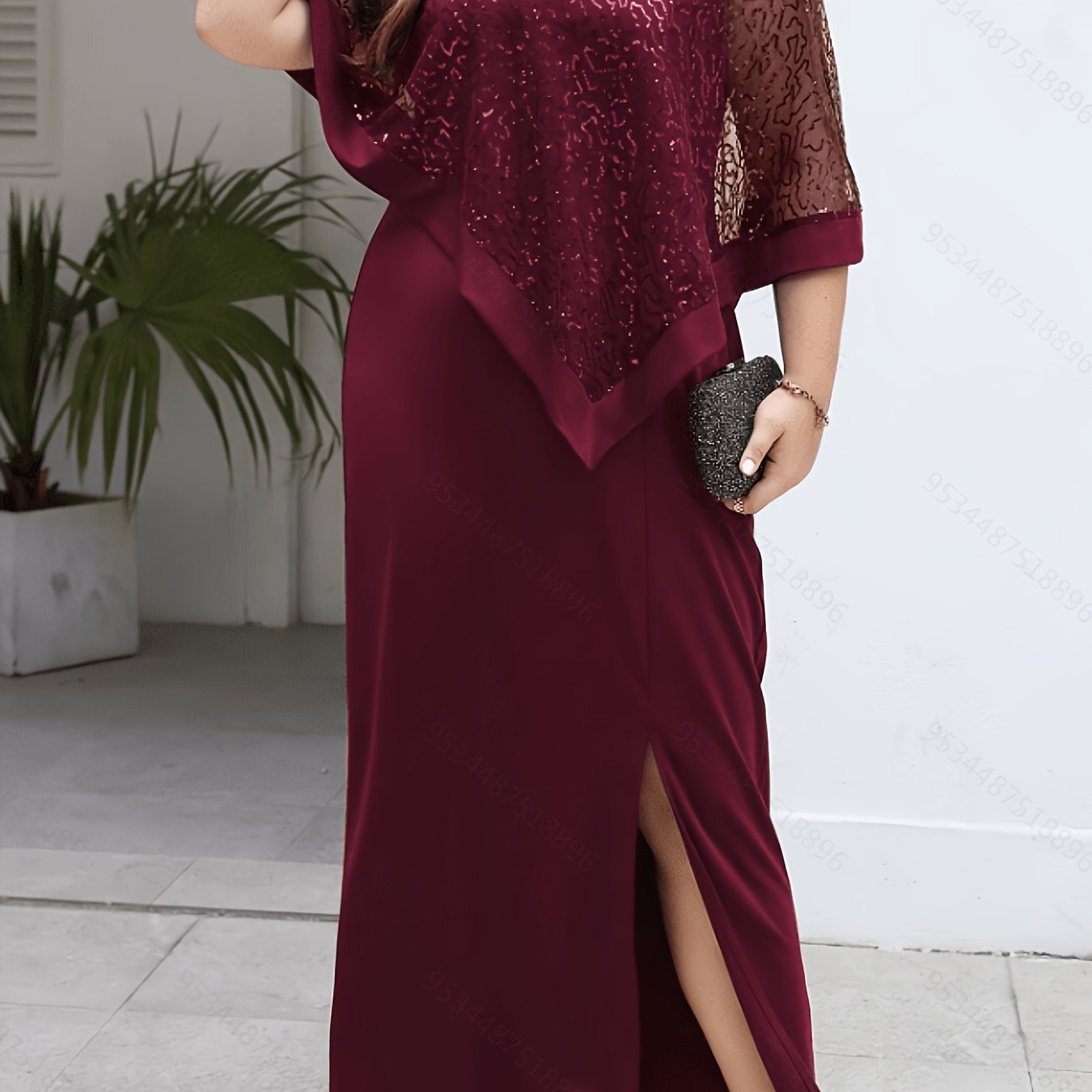 Plus Size, Women's Plus Size Tummy-control Evening Gown With Heavy Embellishment, Sequined Mesh , Flowy Drape, And Slit