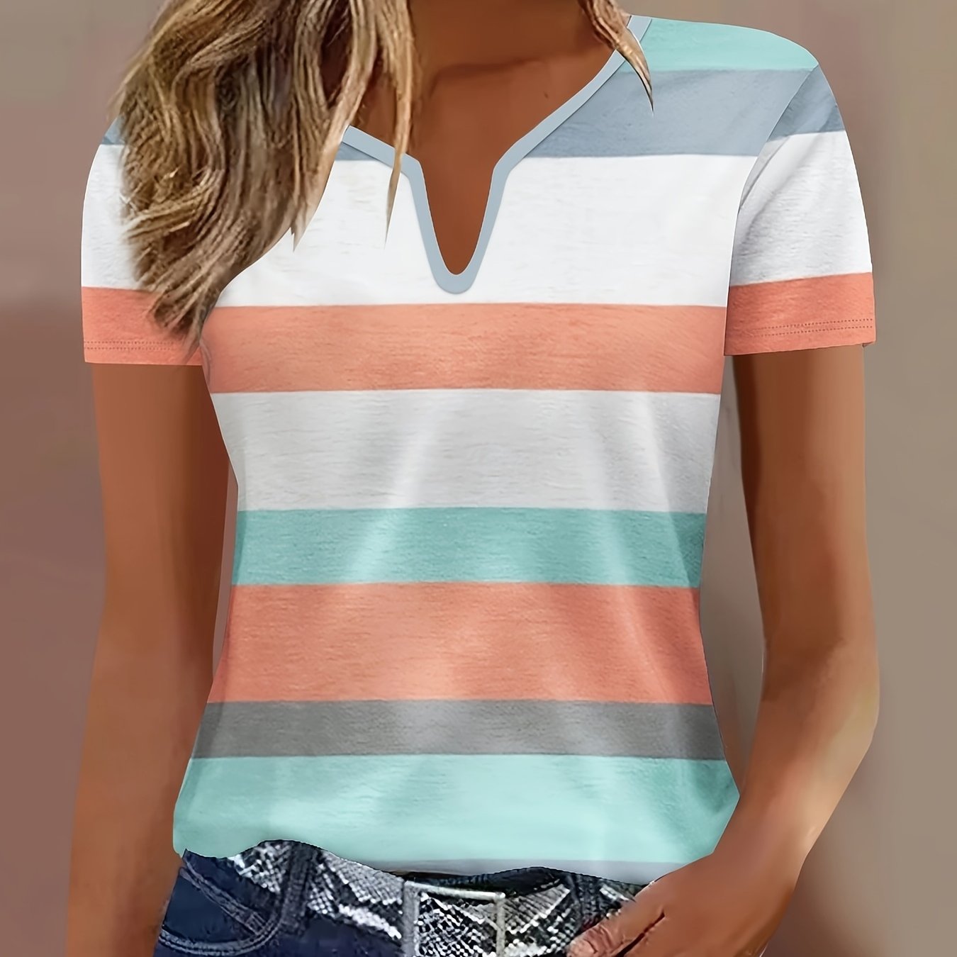 TEMU Women's Elegant V-neck T-shirt In Striped Short Sleeve With 