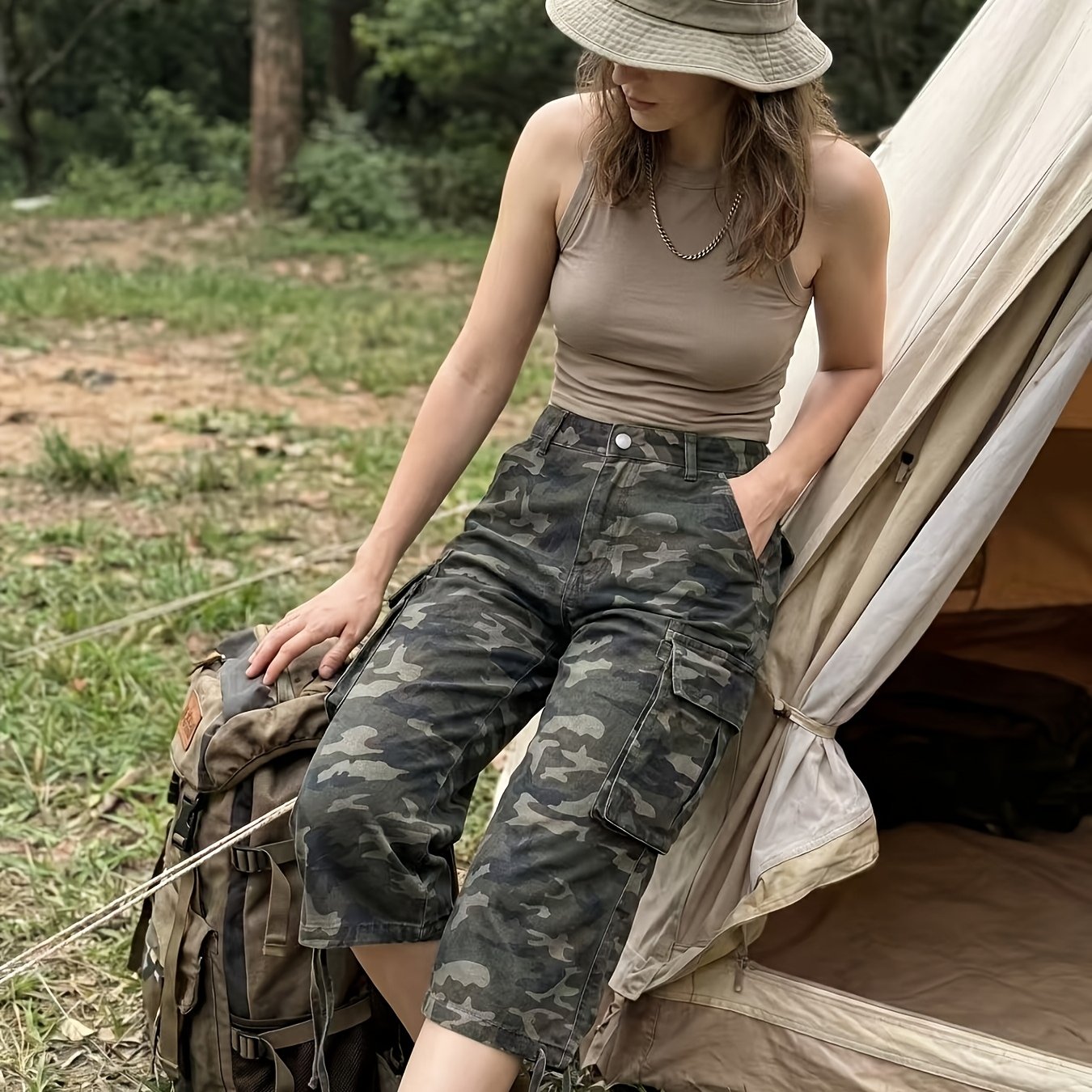 Women's Camouflage Cargo Bermuda Shorts, Mid-rise Loose Wide-leg Style, Multi-pocket With Drawstring Design, Y2k Casual Five-inch Shorts