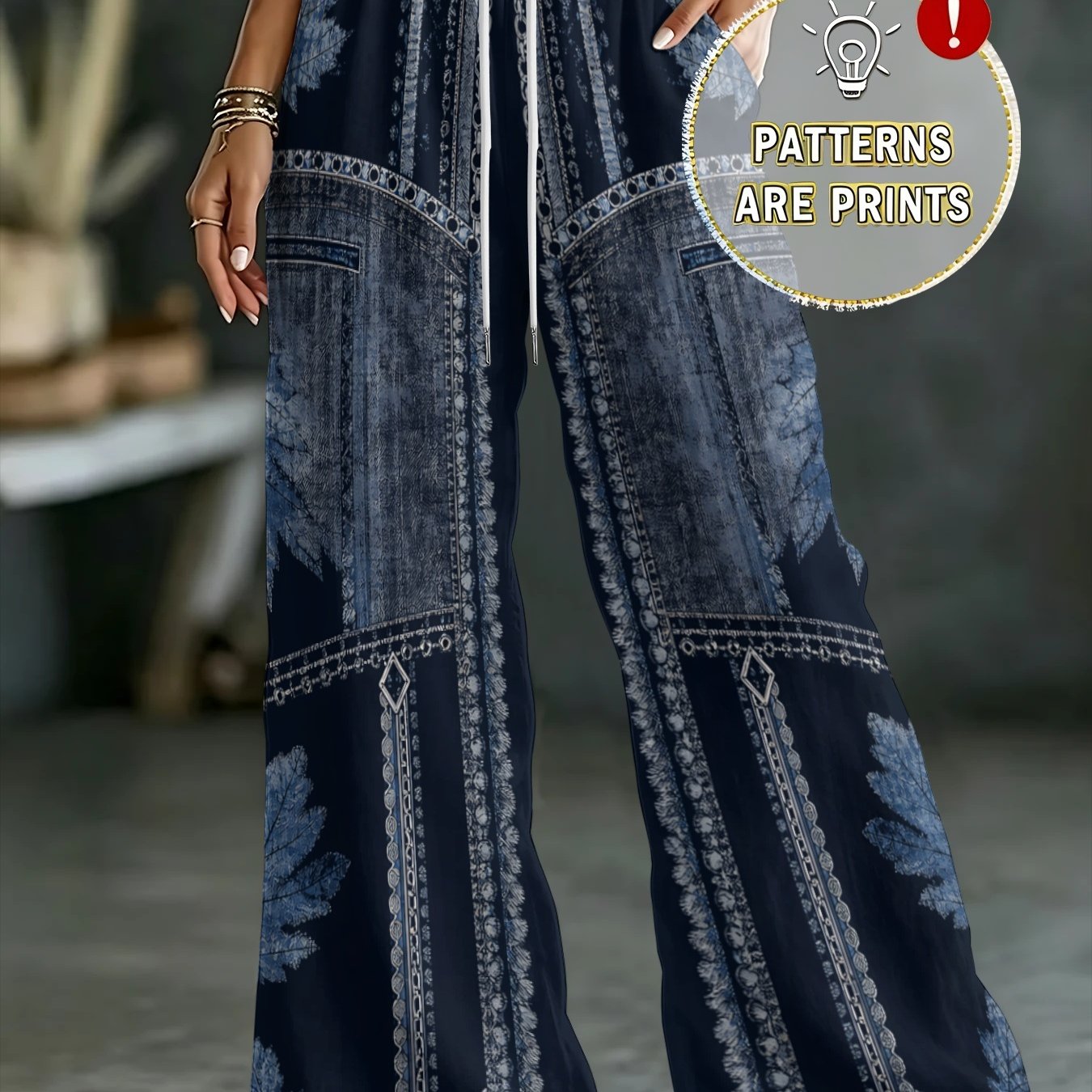 TEMU Women's Drawstring High-waist Wide-leg Casual Long Pants With Pockets, Navy Color Denim Leaf Chain Retro Distressed Washed Texture Full Print