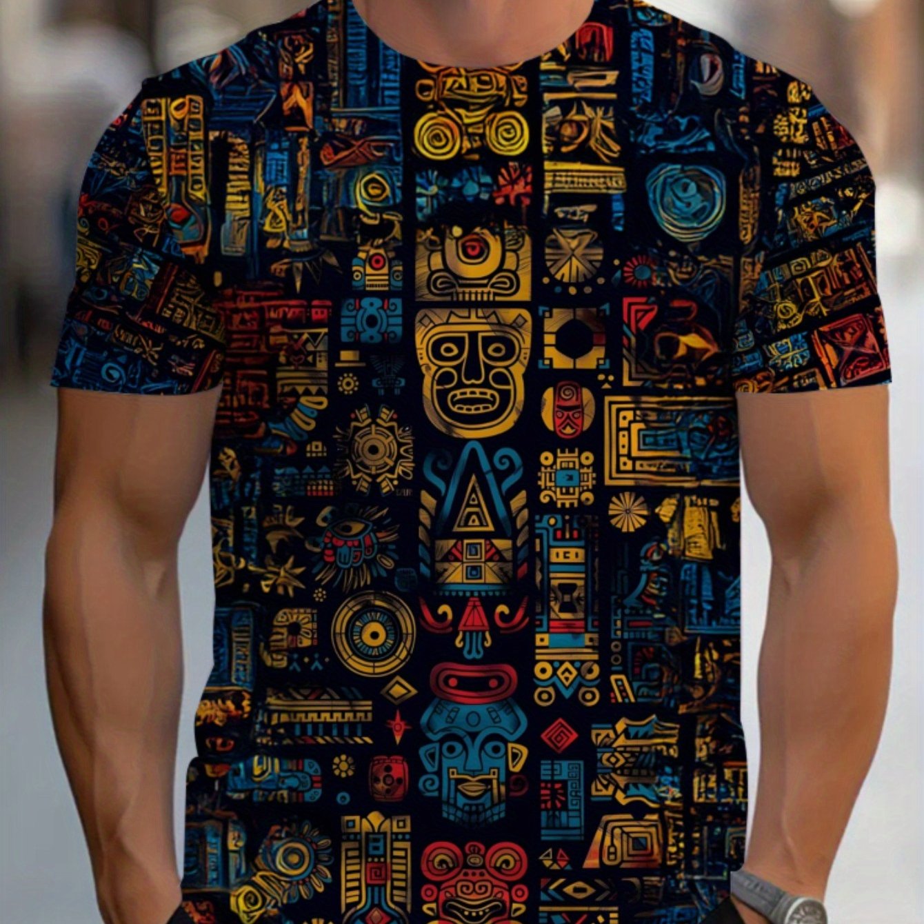 TEMU Men's Short-sleeve T-shirt Made Of Polyester Featuring A Tribal Pattern, Suitable For Or Lounging At Home, Lightweight And Durable, With A Black