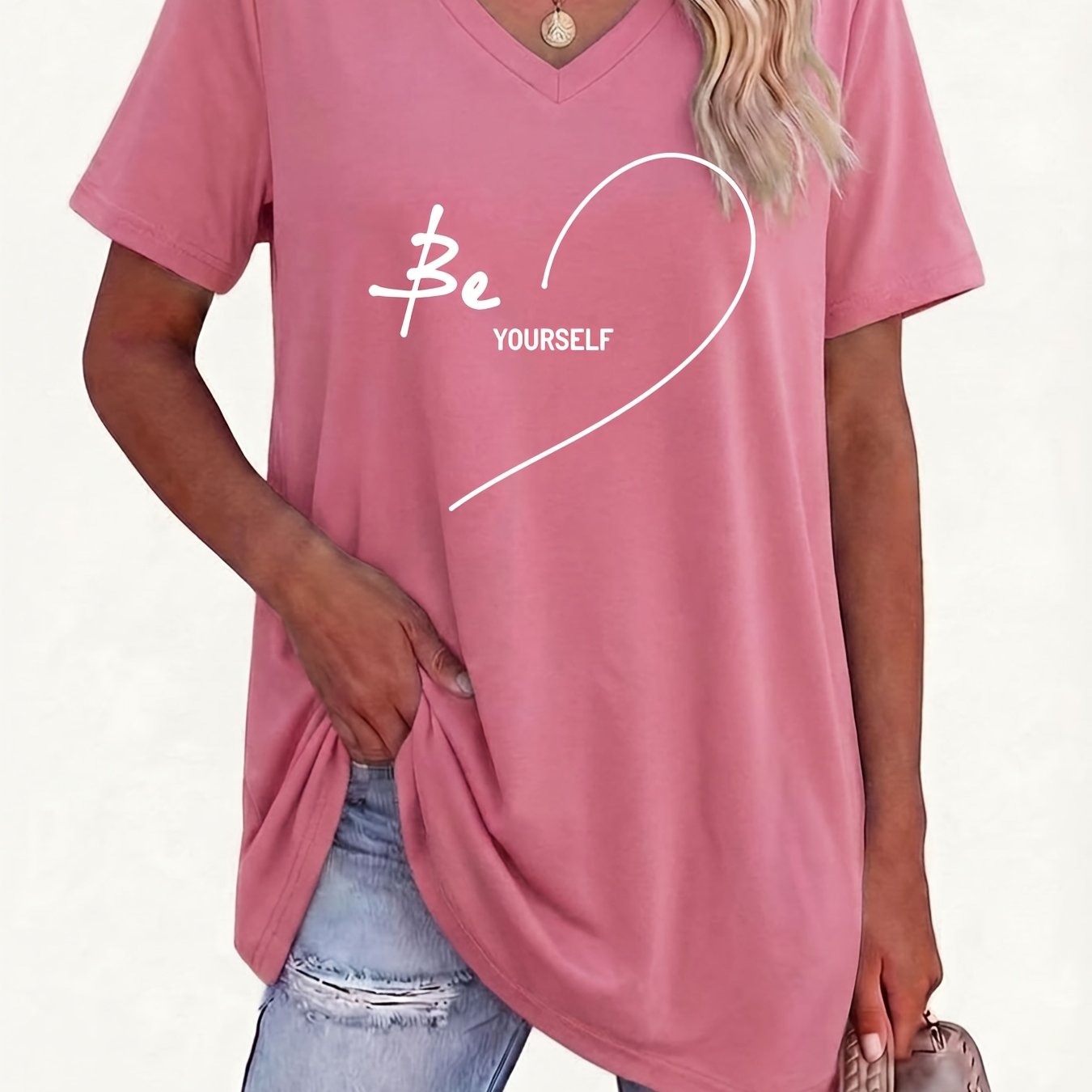 TEMU Plus Size Women's V-neck Short-sleeved T-shirt, Casual, Daily , Versatile, Covers And Looks Thin, Printed, Age-reducing