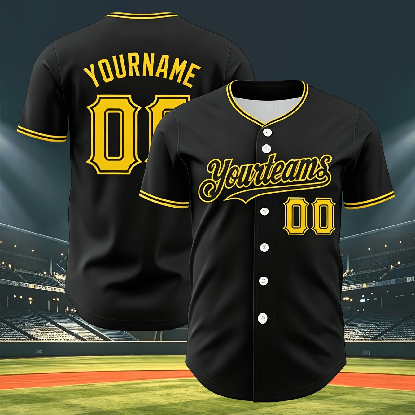 TEMU Personalized Baseball Top, Black With Yellow Trim, Vintage Style, Men's Version, Custom Name And Number, For Sports Training