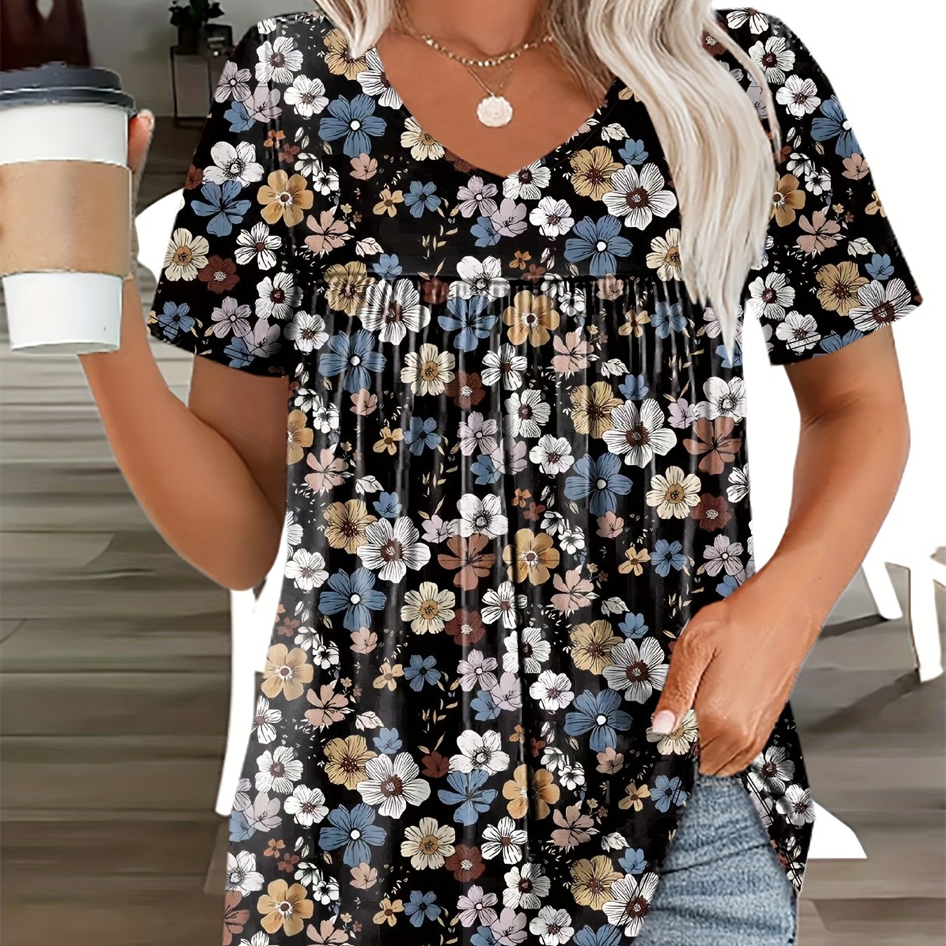 E-shop Plus Size Damen-T-Shirt mit Blumenmuster und V-Ausschnitt - Stretch-Kurzarm-Oberteil für Frühling, Sommer & Herbst, Maschinenwaschbare