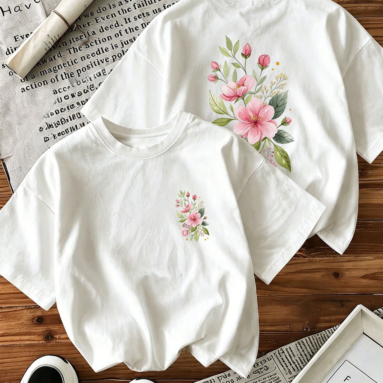 Cherry Floral Print T-shirt | Summer Women Casual Graphic Tee | Pink Flower Watercolor Top | Loose Fit Boho Shirt