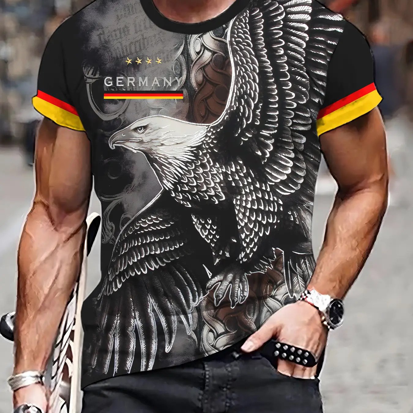 E-shop Herren 3D Druck Adler Grafik T-Shirt - Regular Fit Kurzarm Freizeit Sport Shirt, Maschinenwaschbar, Auffälliges Streifendesign, Leichter Stoff,