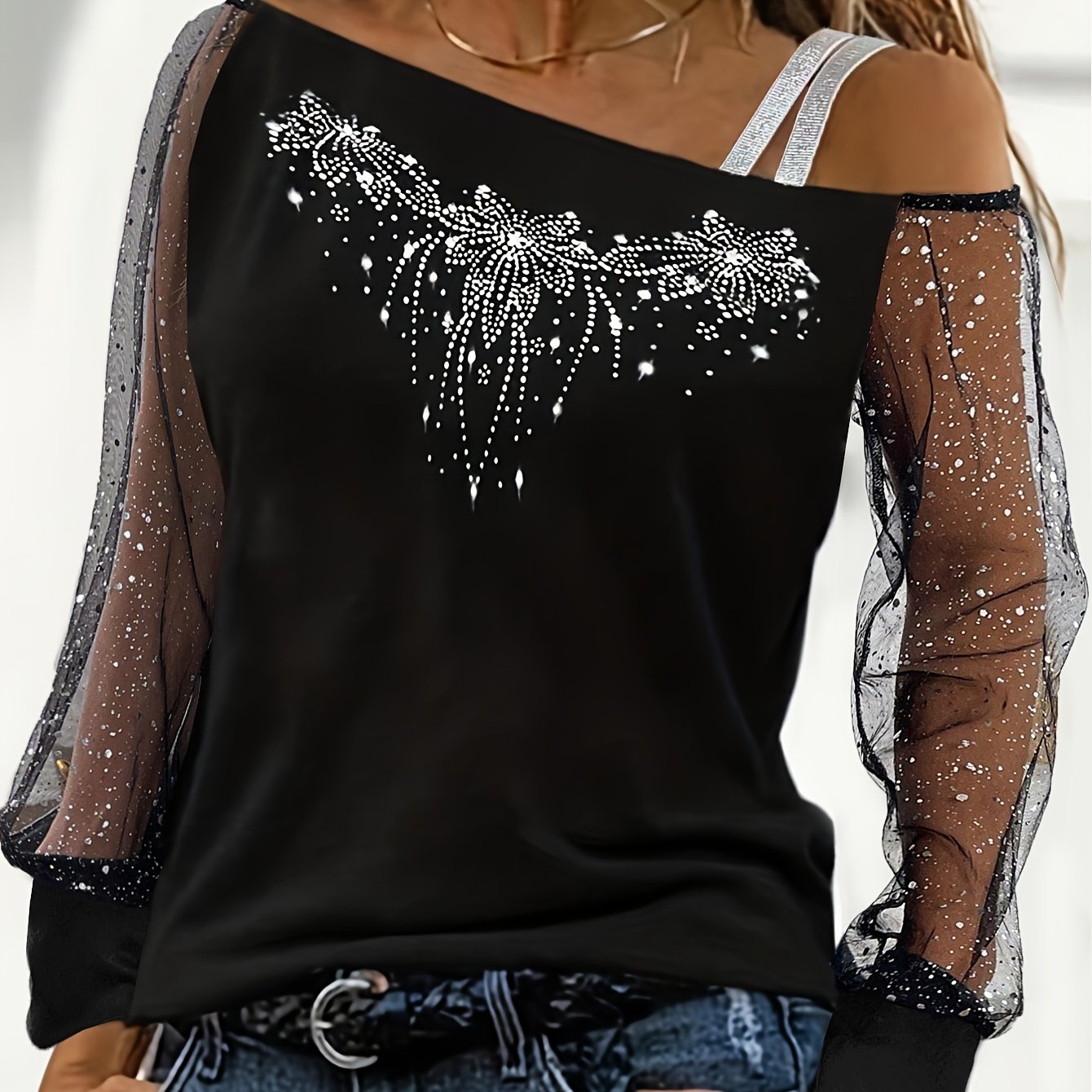 Image of Rhinestones Floral Asymmetrical T-shirt, Casual Cold Shoulder Mesh Long Sleeve Top, Women's Clothing