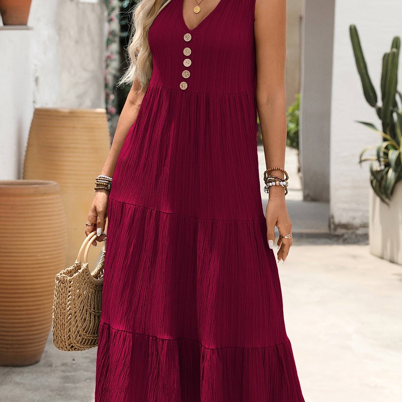 Women' V-neck Sleeveless Midi Dress With Ruched Single-row Button Detail