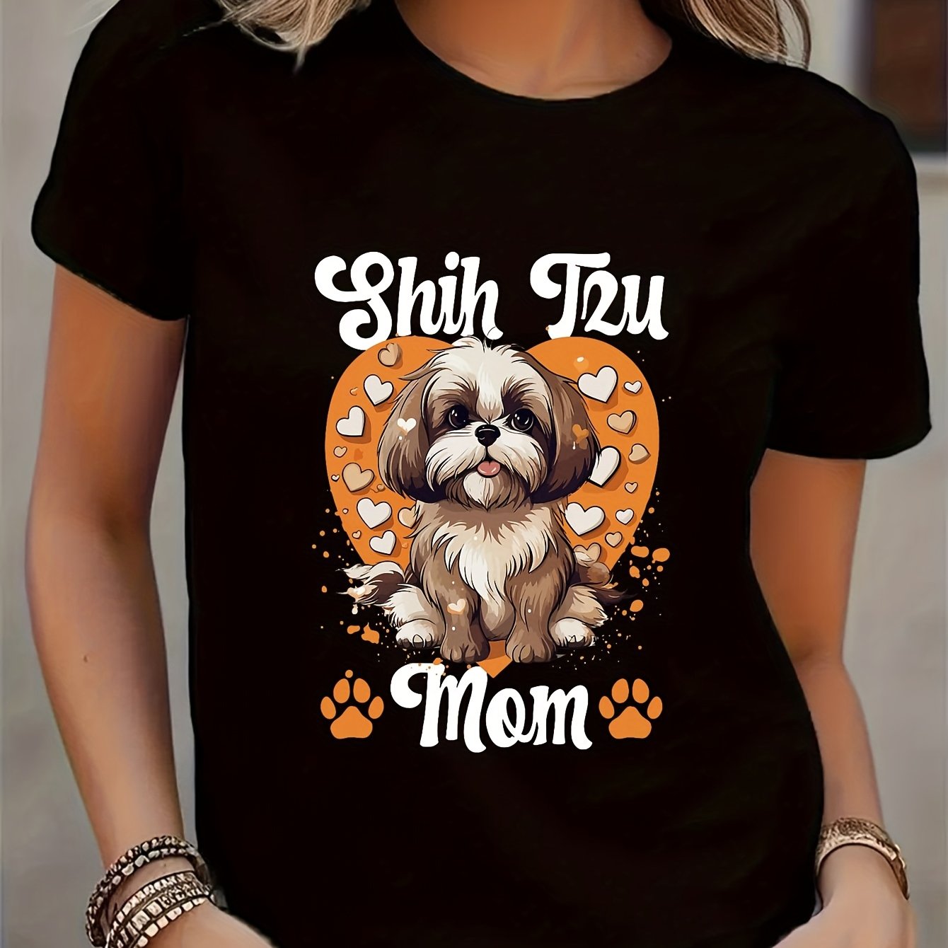 TEMU Women's Casual Short Sleeve T-shirt With Cute Shih Tzu Dog & "shih Tzu Mom" Graphic Print, Heart & Paw Print Design, Machine Washable Round Neck
