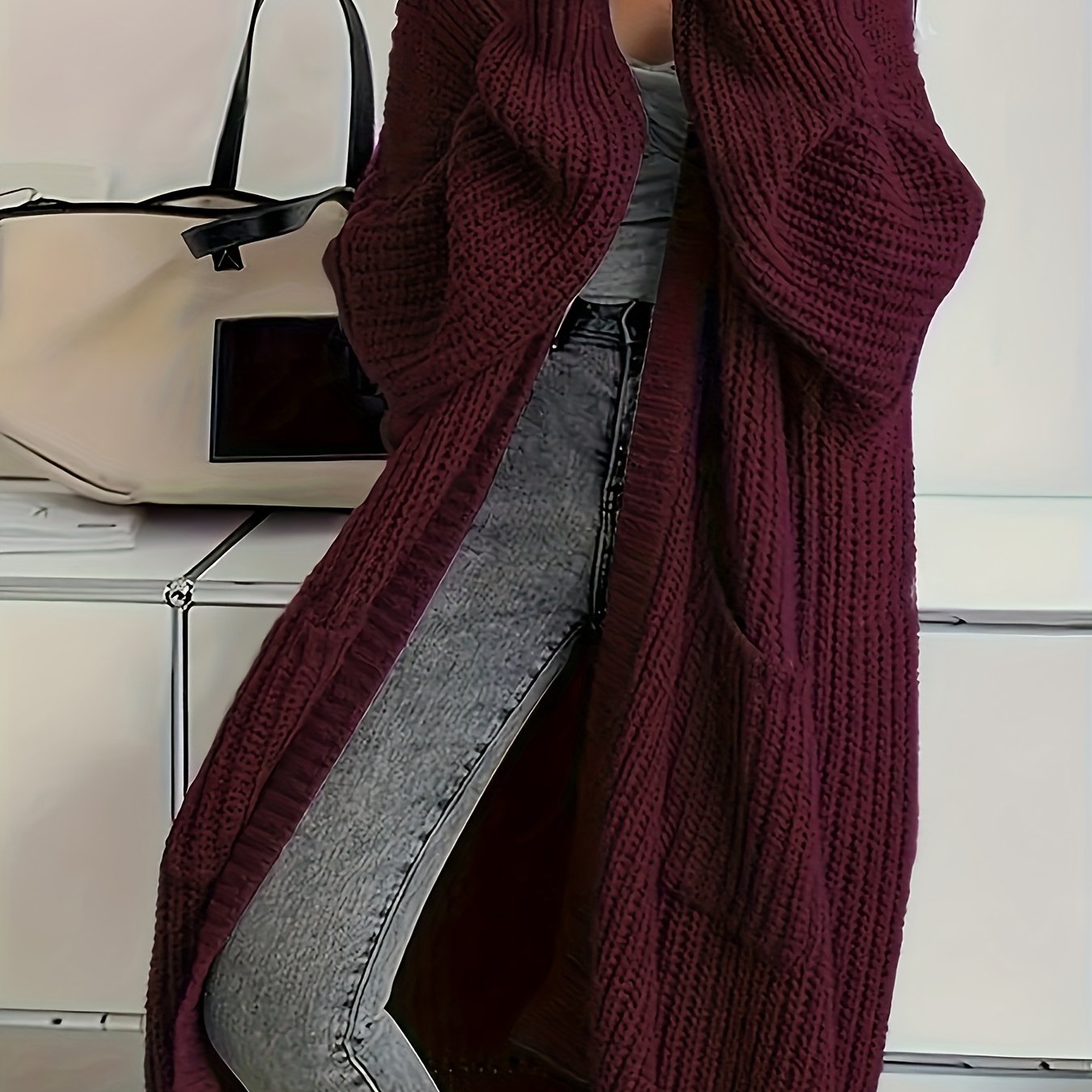 TEMU 2026 European And American Versatile Solid Color Extra-long Cardigan, Loose Fit Lazy Style Autumn Winter Commuter Outerwear