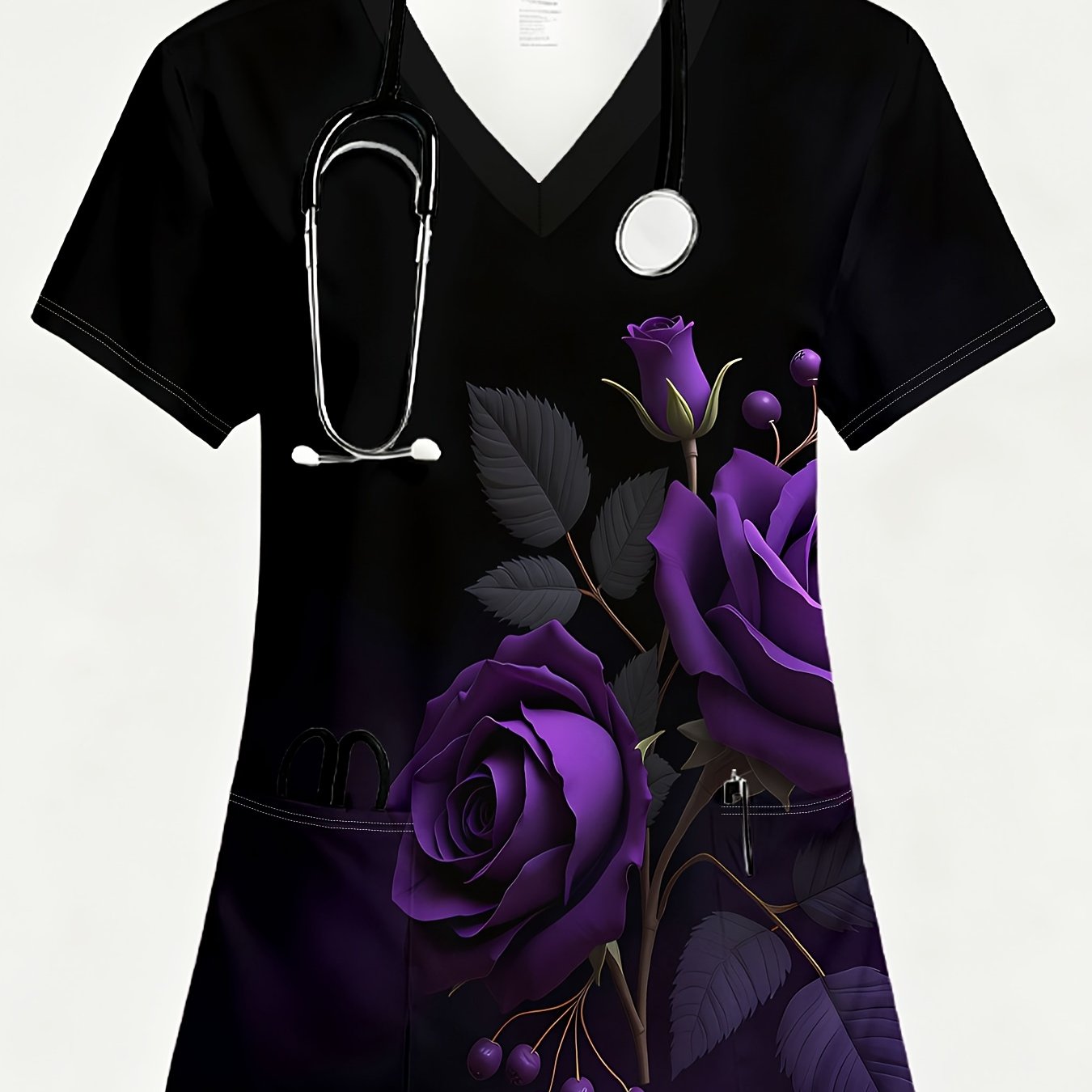TEMU T-shirt à manches courtes et col en V pour femmes, motif imprimé , haut confortable, ensemble de soins , rose de nuit élégant , avec deux poches