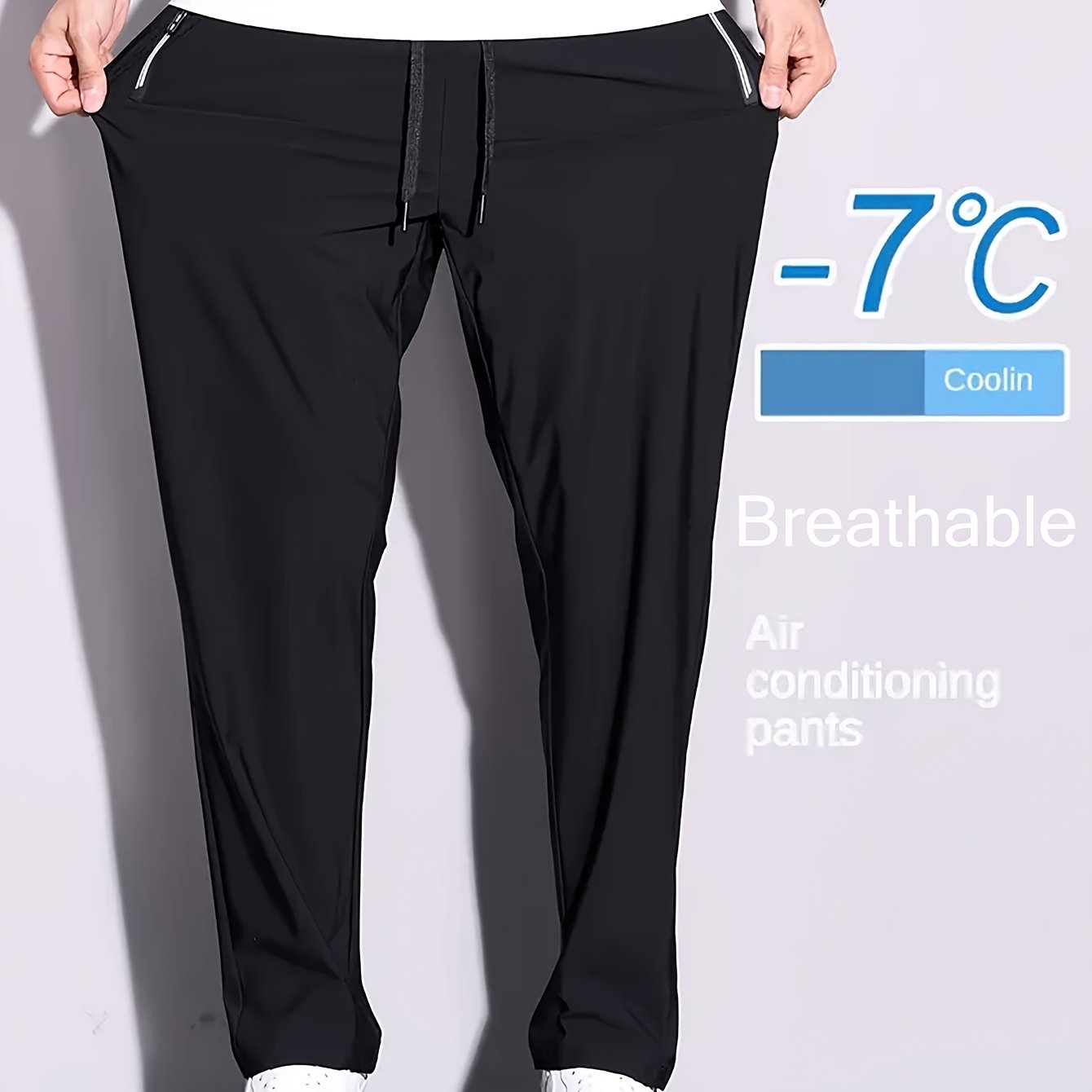 TEMU Pantalones ligeros para hombre Ice- de pierna - Pantalones casuales frescos de secado rápido con cintura con cordón y bolsillos con cremallera,