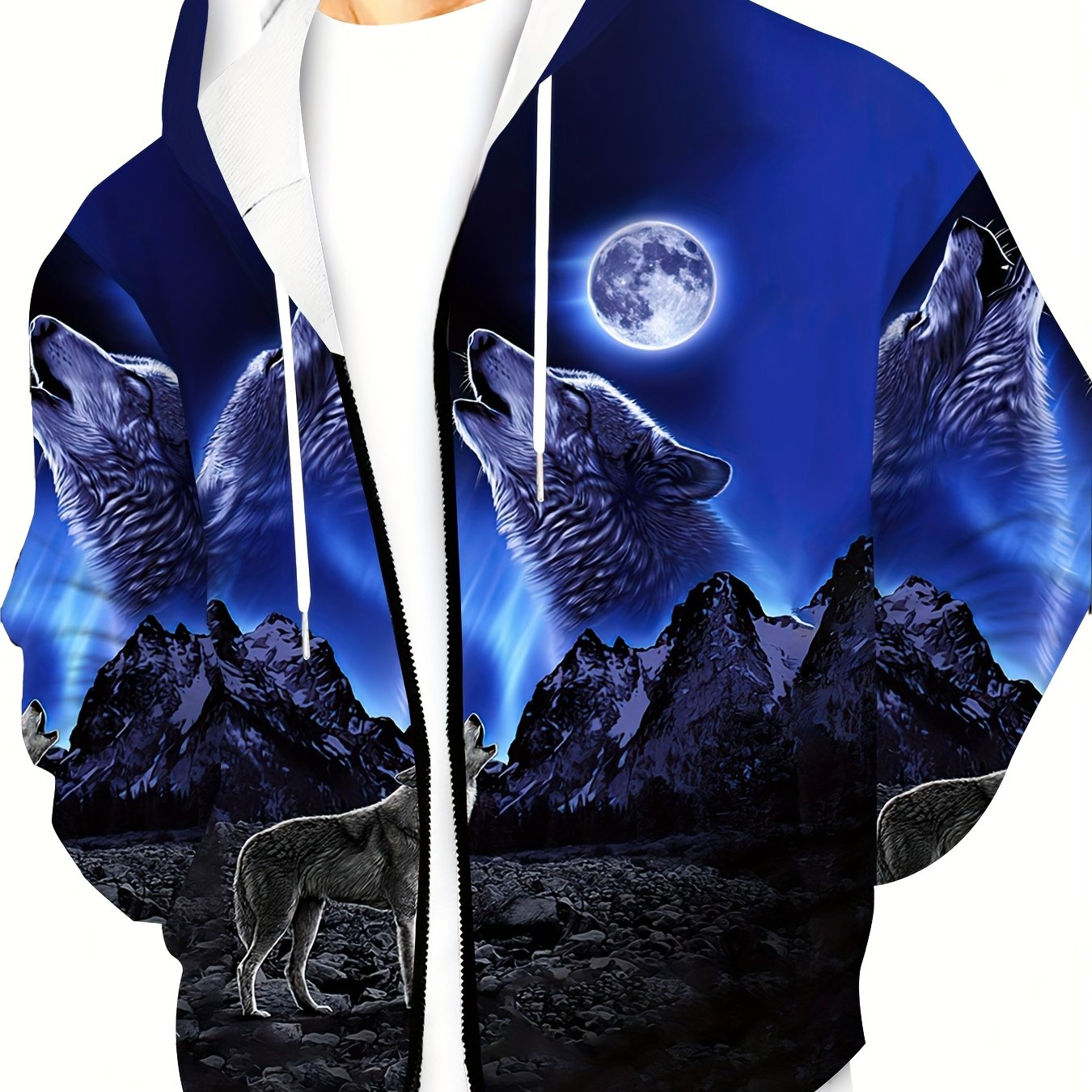 E-shop Lässige Herren-Kapuzenjacke, Wolfsdruck - Strickstoff, Langarm, Herbst/Winter Reißverschluss-Mantel, ÜBERGRÖSSE