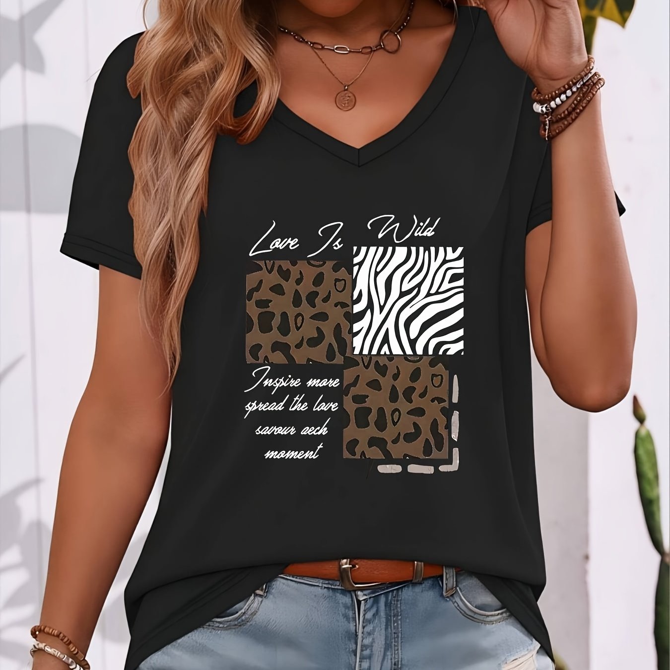 TEMU Plus Size, Women's Fashion Casual Spring/summer New Arrival, Leopard Print Placement Print V-neck Short Sleeve, Loose Fit Casual Top Base Tee,