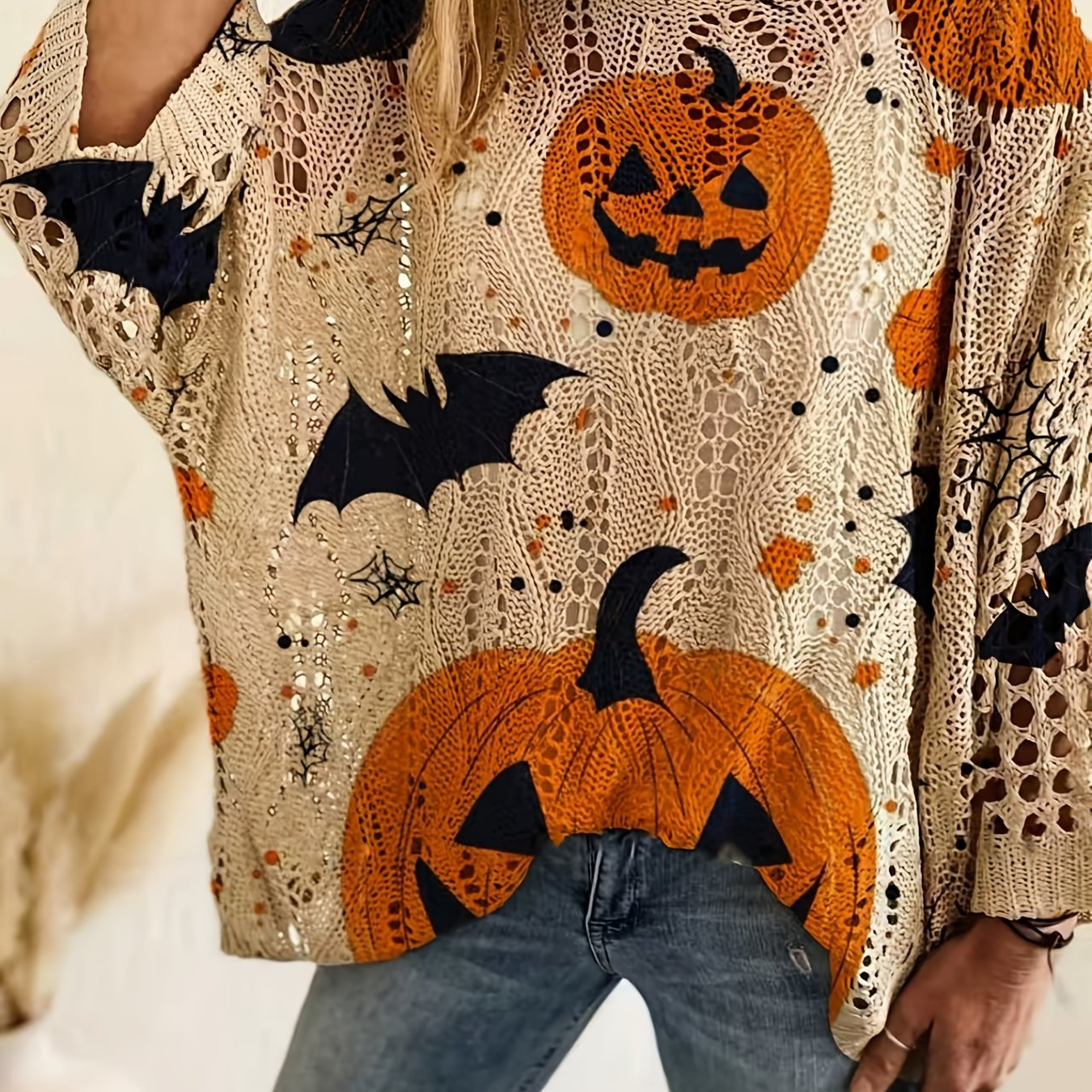 TEMU Pull Halloween Grande Taille Citrouille Chauve-Souris Creux, Haut Décontracté Coupe Aile de Chauve-Souris Ample