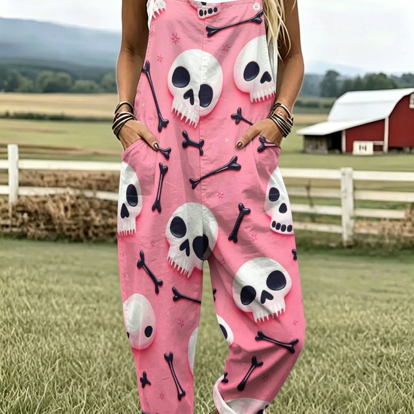 TEMU Women's Leisure Overalls, Red Pink Skull Bone Graphics Sleeveless Button Design With Pockets, Suitable For Vacation And Daily Wear, Loose Fit