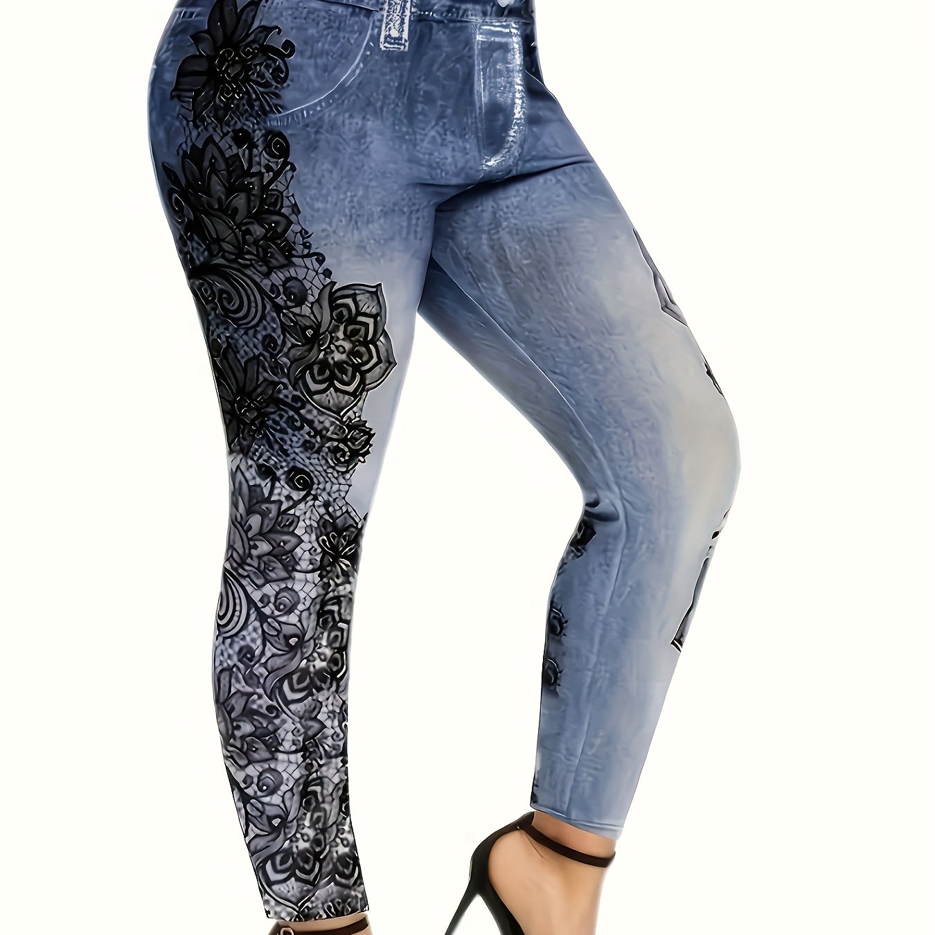 TEMU Plus Size - Elegant Floral Print Leggings For Women In Plus Sizes, Featuring Faux Pockets And A Stretchy Fabric Suitable For All