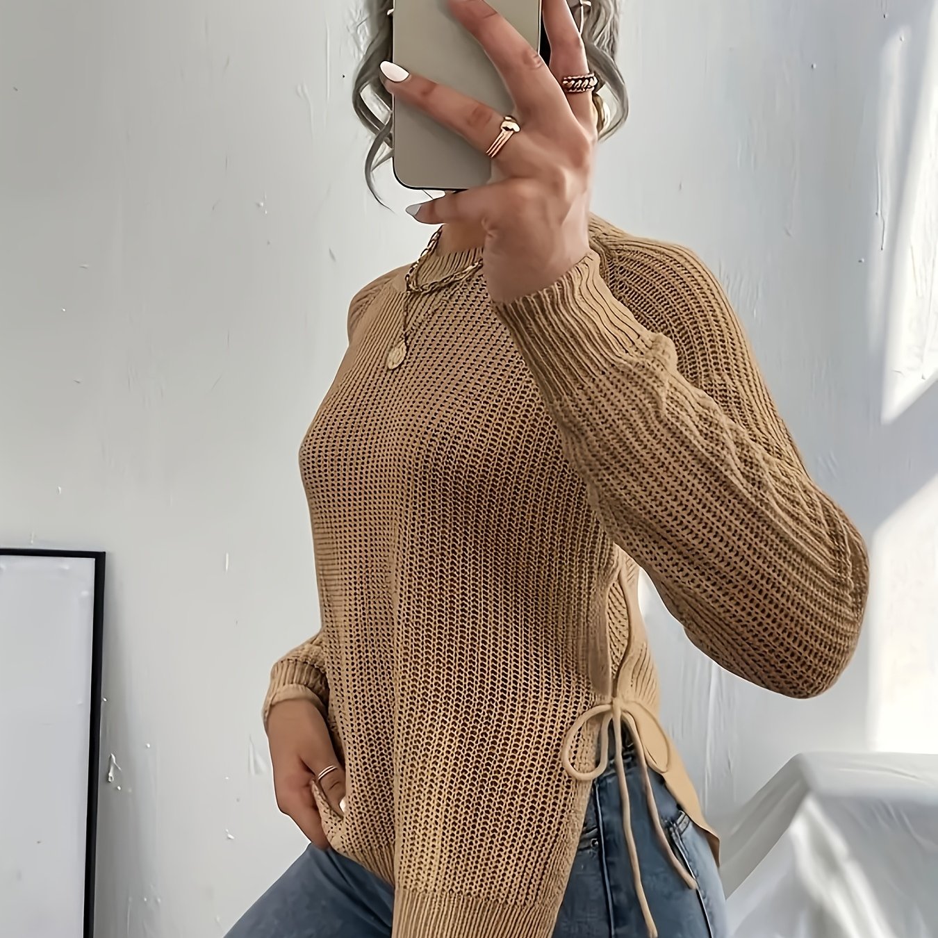 TEMU Women's Slim Fit High Elasticity Long-sleeve Top. Details: Slit Hem Knitted - Ribbed Crew Neck Elegant Women's Wear For Autumn/winter, Casual