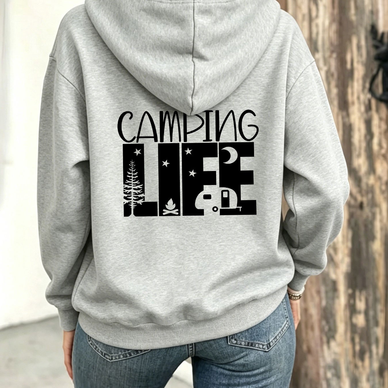 TEMU Camping-themed Text Print S Sweatshirt, Hooded Top, Casual Versatile Zip-up Jacket, Vintage Fun Daily Wear Style