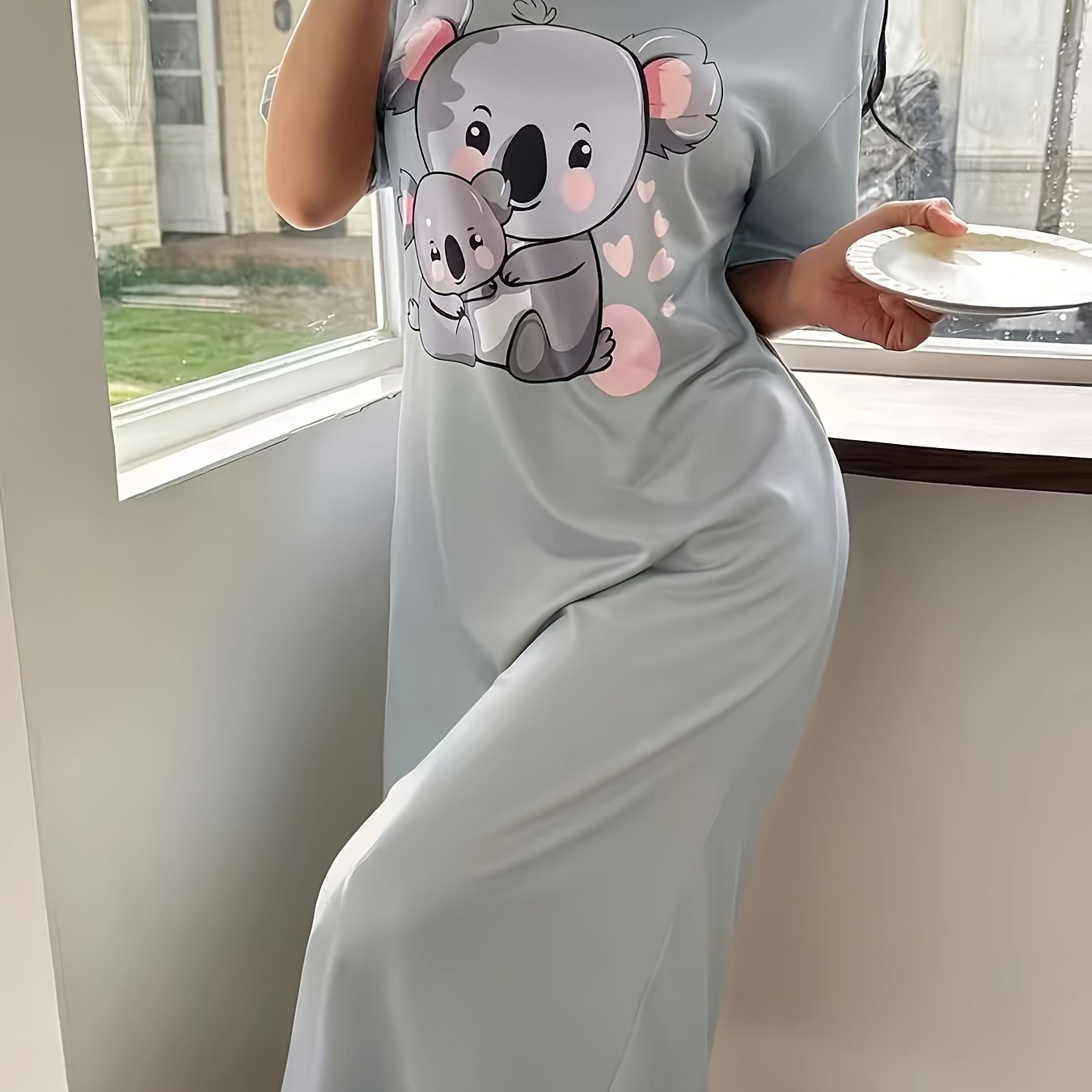 TEMU Women's Koala Short-sleeve Nightgown, Soft Mid-length Sleep Dress, Round Neck Design, Loose Fit, Comfortable Nightdress, Soft Fabric, Women's