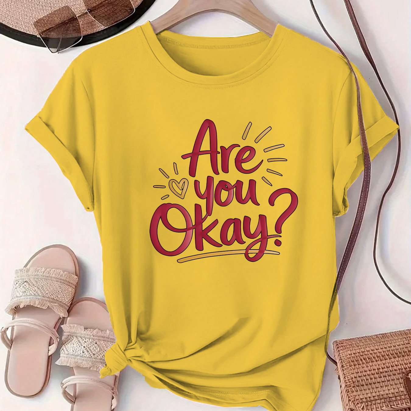 TEMU Women's T-shirt Featuring A Handwritten Of 'are You Okay' With Heart Shapes And Letter Decorations, Designed With A Round Neckline
