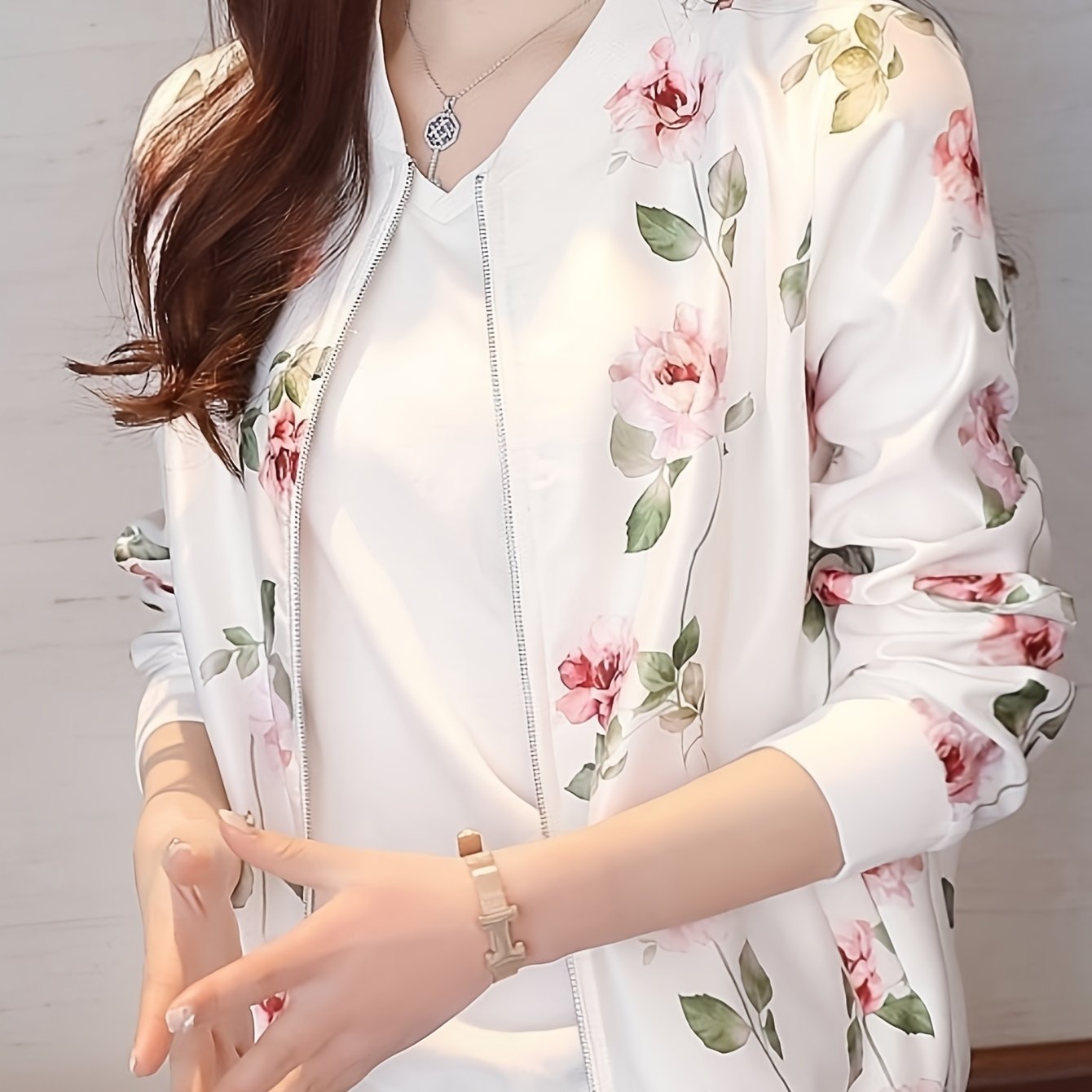TEMU 여성용 경량 플로럴 패턴 여름 오픈 가디건 긴팔 재킷, 루즈핏 지퍼업 재킷, 통기성 야구 스타일 플로럴 프린트, 캐주얼 아우터, 편안한 데일리 웨어