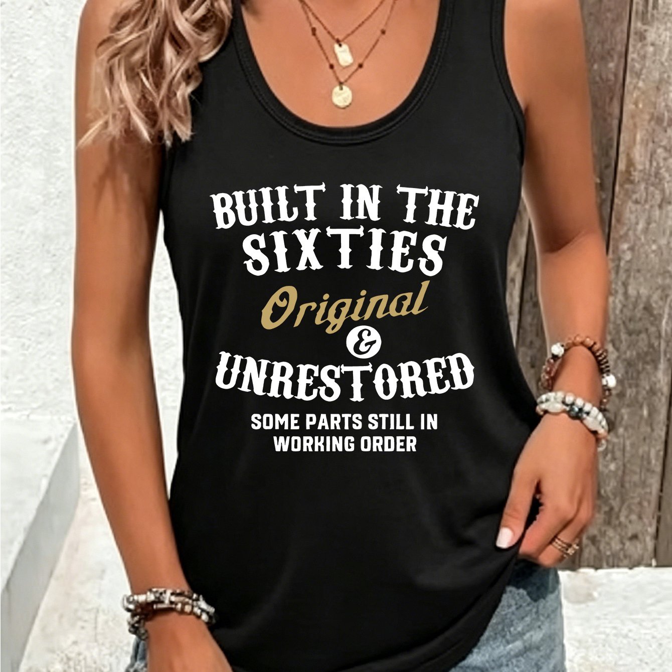 TEMU Built In - Retro 60s Slogan Printed Women's Tank Top - Summer Casual Loose Sleeveless Unique Top