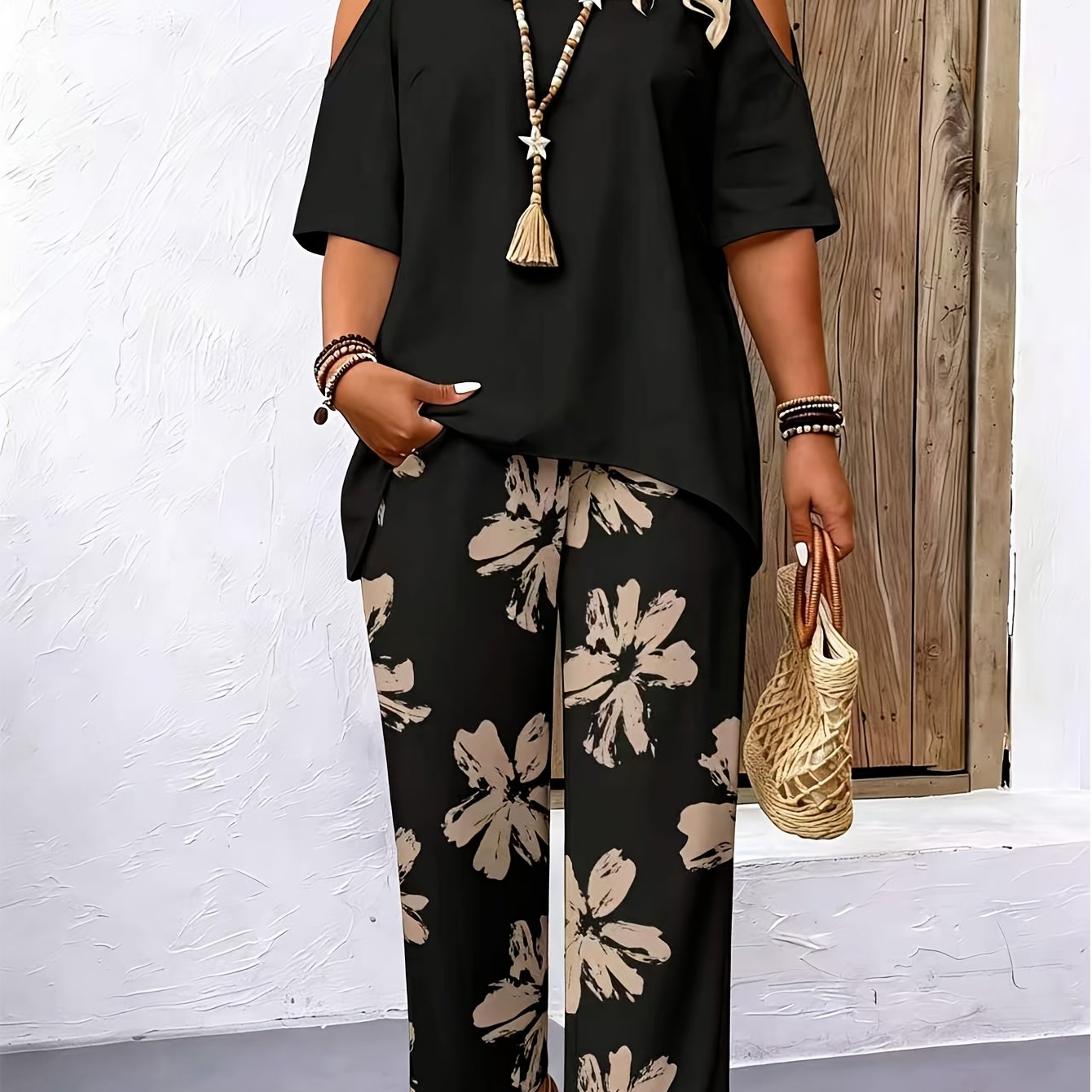 TEMU Plus Size - Spring Summer Plus Size Women's Off-shoulder Short Sleeve Top And Casual Loose Elastic Waist Printed Pants Set