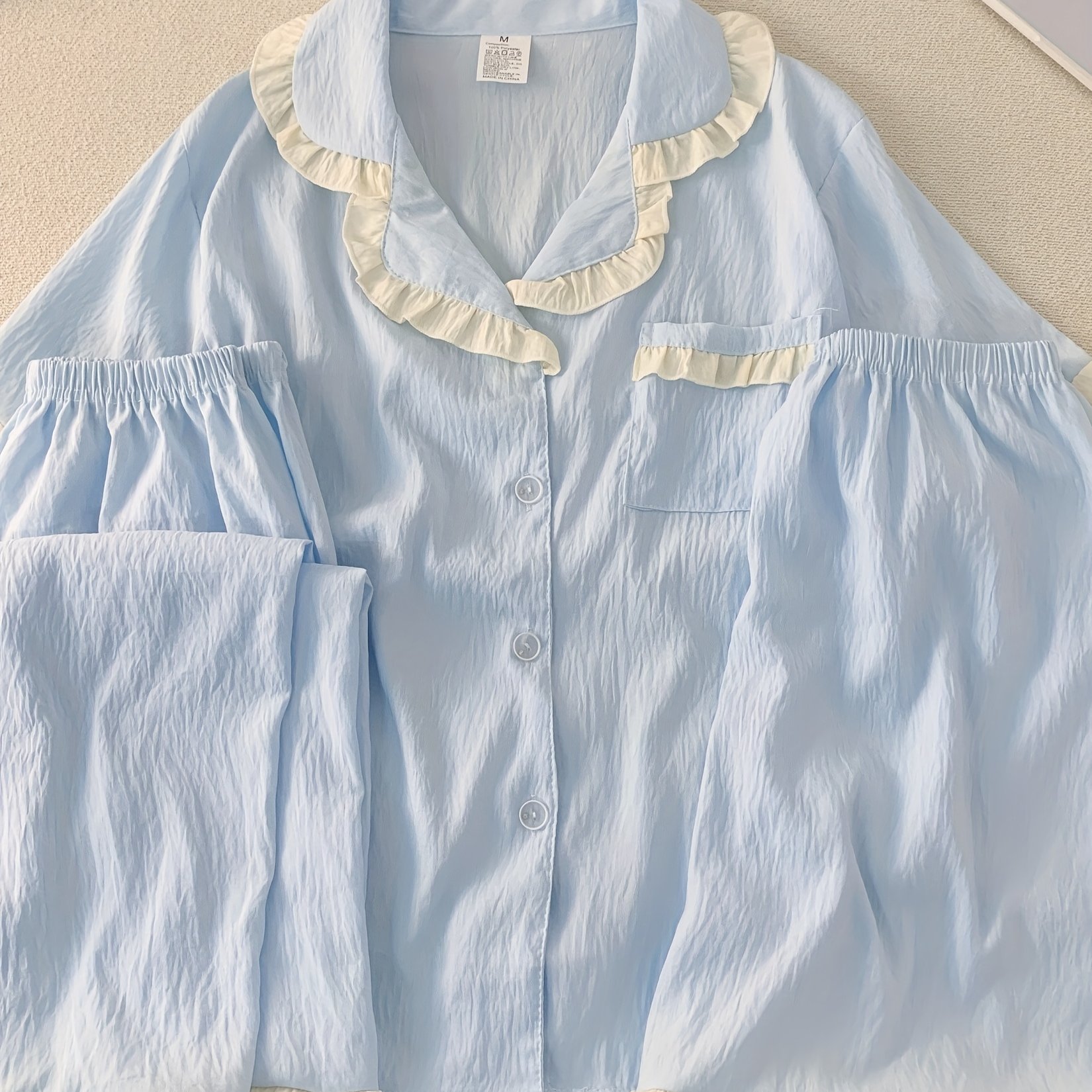 TEMU Plus Size 250 Lbs Casual Loose Sleepwear Set With Wearable Short Sleeve Top, Shorts, And Pants, Skin-friendly Cardigan With Lace Collar