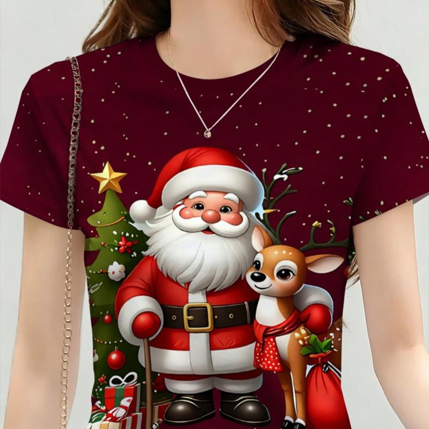TEMU New Women's Stylish Round Neck Short Sleeve T-shirt With Santa Claus, Reindeer, Christmas Tree, Gift, Snowflake, And Christmas Cartoon Print â