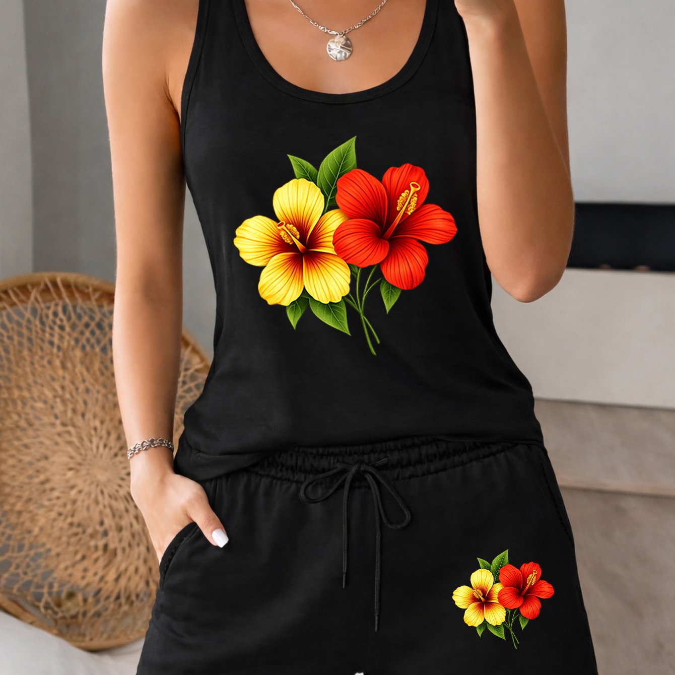 TEMU Women's 2pcs Set: Double-print Shorts With Pockets And Drawstring Top, Off-shoulder Tank Top, Casual Beachwear